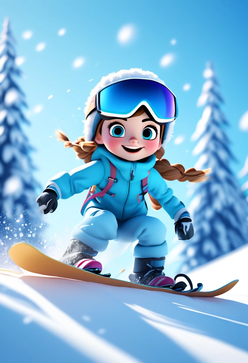A super happy cute girl skiing with a tall snowy mountain and snowy trees behind her,snowboarding, ski clothes, ski goggles, splashing snowflakes, blue sky, Pixar style,medium shot,overall tones are clean and bright, the image is 3D modeling, C4D, OC rendering,minimalist, Disney style, 8k
