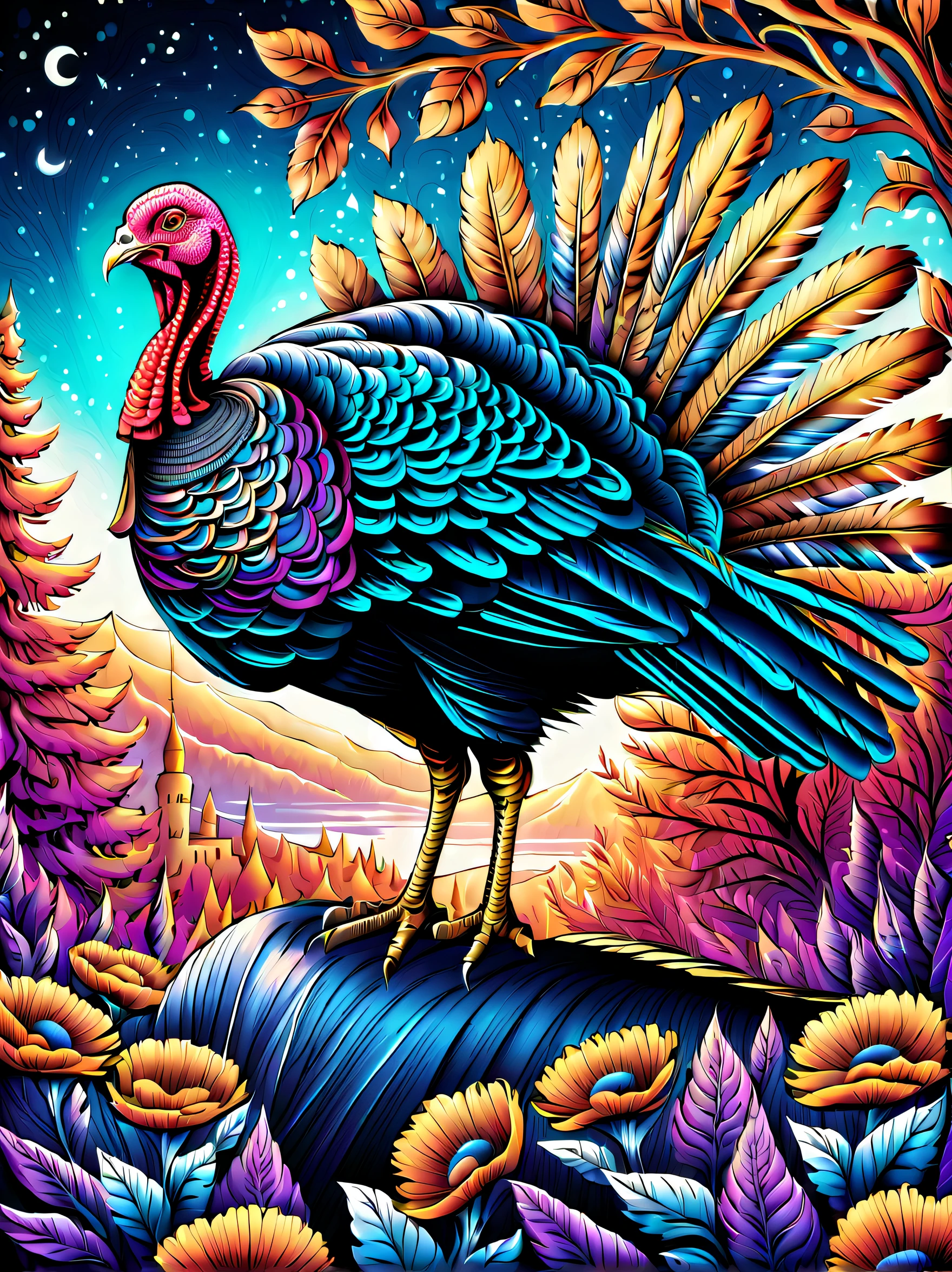 stunning turkey illustration with intricate details, created with a ballpoint pen and colored with vibrant markers, (((beautiful detail glow:1.1))). imagine a detailed illustration, steam smoke with dark fantasy style, highlighted by stunning floral elements, breathtaking stunning touch, beautiful landscape background,