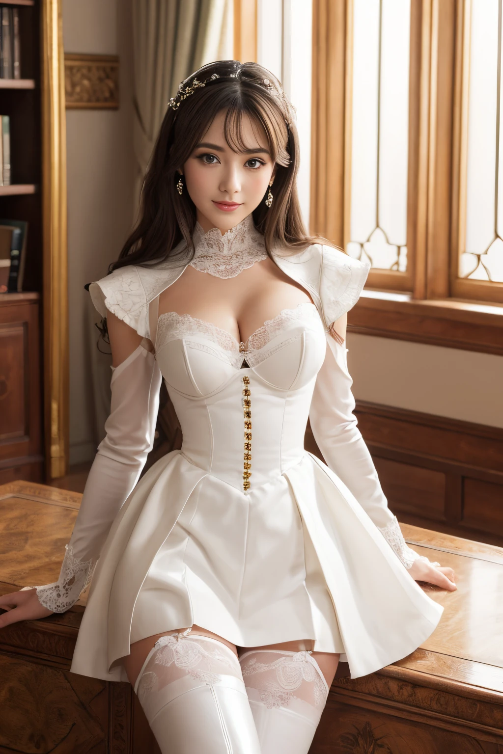 (masterpiece,top-quality,超A high resolution), Medieval European aristocracy、royal princess、masutepiece, Best Quality, Illustration, Ultra-detailed, finely detail, hight resolution, 8K、The face of the golden ratio、dark and bright big eyes、long lashes、eye line、lipgloss、Neat and adorable smile、The upper body is armored、pure white garter belt、pure white knee high boots