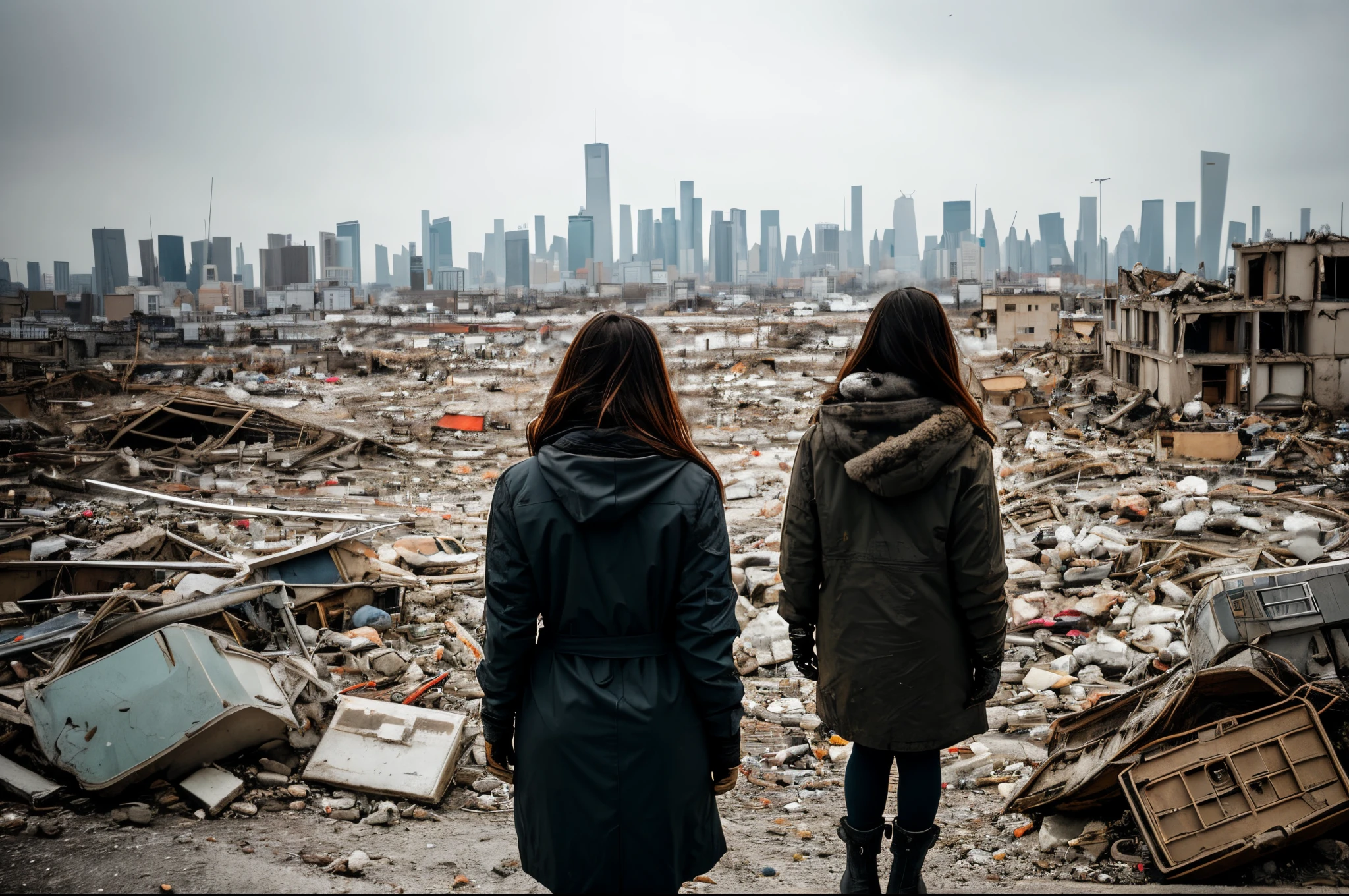 Woman standing in front of a pile of rubble, In a post-apocalyptic environment, in a post-apocalyptic wasteland, destroyed city in background, Environmental portrait, Em uma paisagem Urbana Arruinada, Desolate doomsday style, Set in a post-apocalyptic Tokyo, ( apocalyptic ) 8K, photo of a woman, Doomsday setting, Still from a live action movie