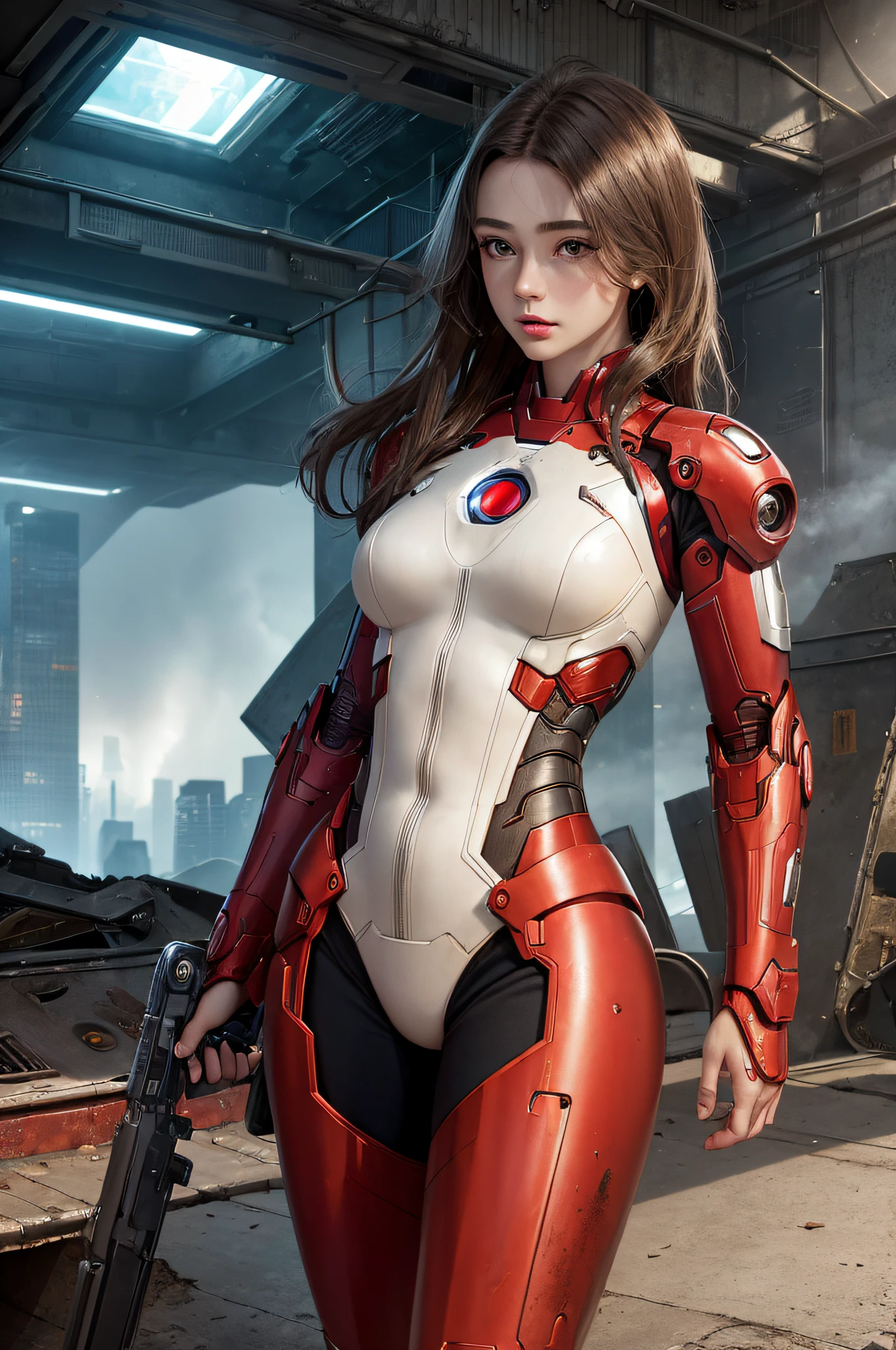 (1girl:1.3), solo,__body-parts__, official art, unity 8k wallpaper, ultra detailed, beautiful and aesthetic, beautiful, masterpiece, best quality, RAW, masterpiece, super fine photo,, best quality, super high Resolution, photorealistic, sunlight, full body portrait, stunningly beautiful,, dynamic pose, delicate face, vibrant eyes, (side view), she is wearing a futuristic Iron Man mech, red and gold, Highly detailed abandoned warehouse background, detailed face, detailed complex busy background, messy, gorgeous, milky, high detailed skin, realistic skin details, visible pores, sharp focus, volumetric fog, 8k uhd, dslr camera, High quality, film grain, fair skin, photorealism, lomography, sprawling metropolis in a futuristic dystopia, view from below, translucent