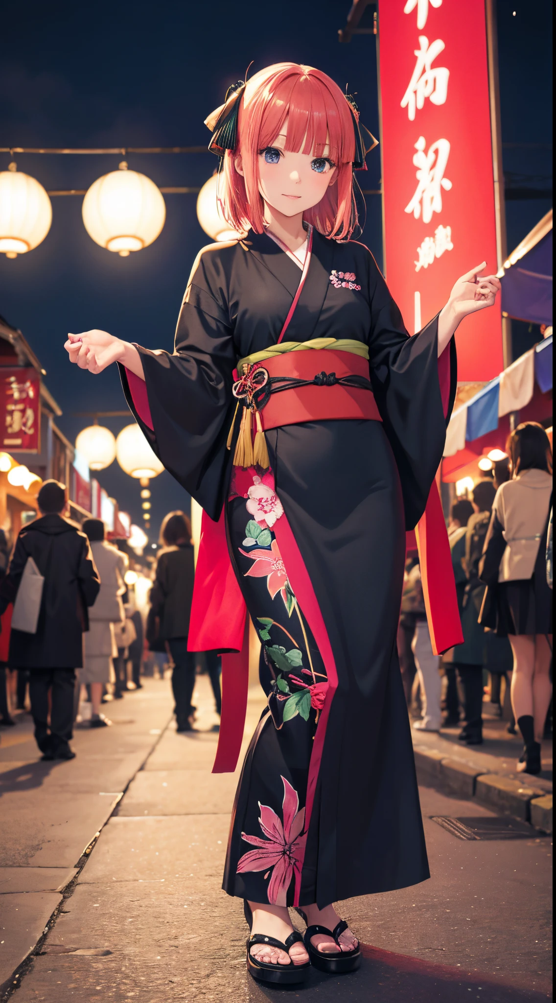 Nino Nakano ,manos detalladas,pose sexy,vestido kimono color negro,festival de noche