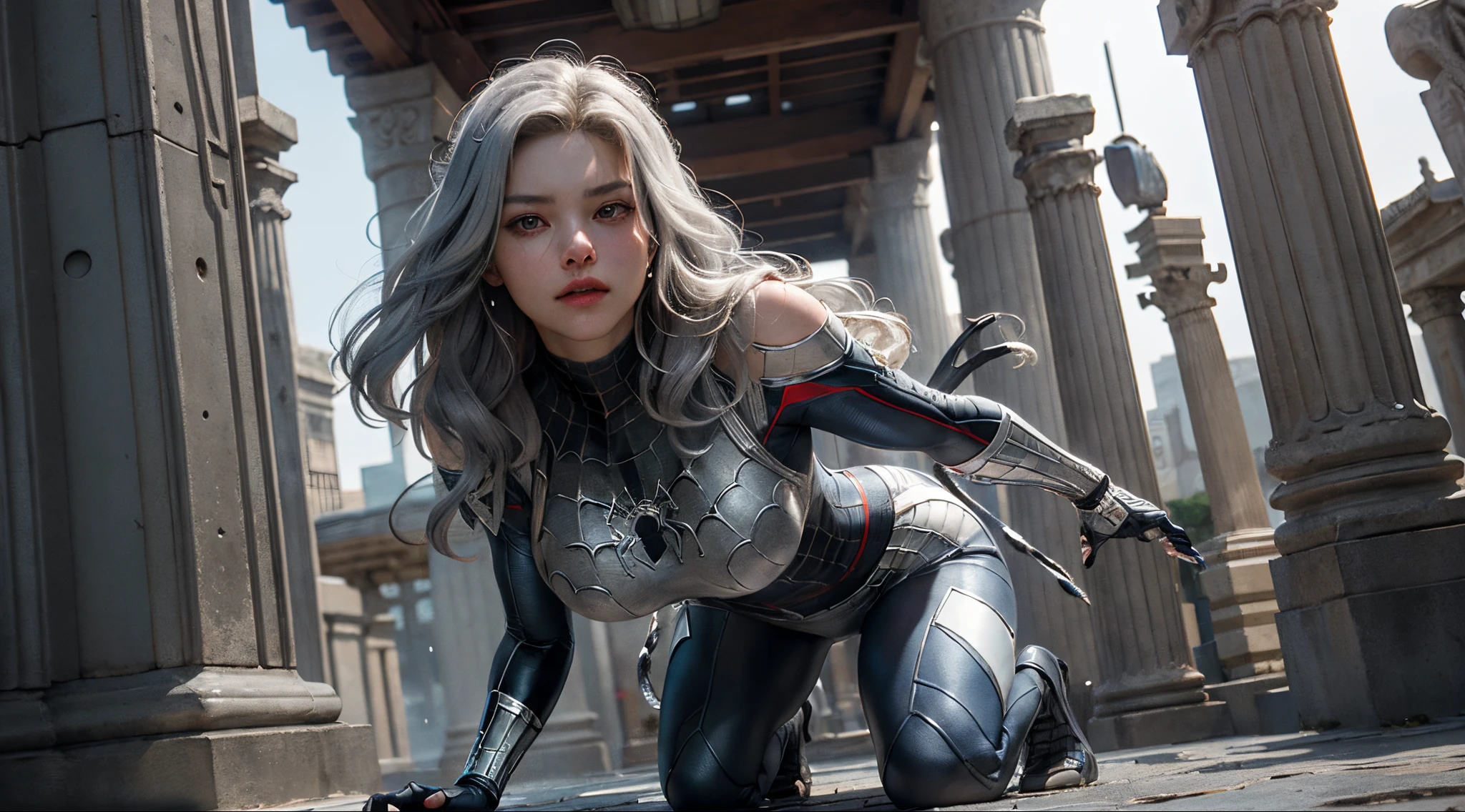 (Extreme Detail CG Unity 8K wallpaper, masterpiece, highest quality), (Exquisite lighting and shadow, highly dramatic picture, Cinematic lens effect), a beautiful girl in a white Spider-Man costume, silver gray hair color, long hair, from the Spider-Man parallel universe, Wenger, Marvel, Spider-Man, in the ancient temple, in the rain, very beautiful face, silver claws, dynamic pose), (excellent detail, excellent lighting, wide angle), (excellent rendego on ancient temple, enough to stand out in its class), focus on white Spider-Man costumes, complex spider textures