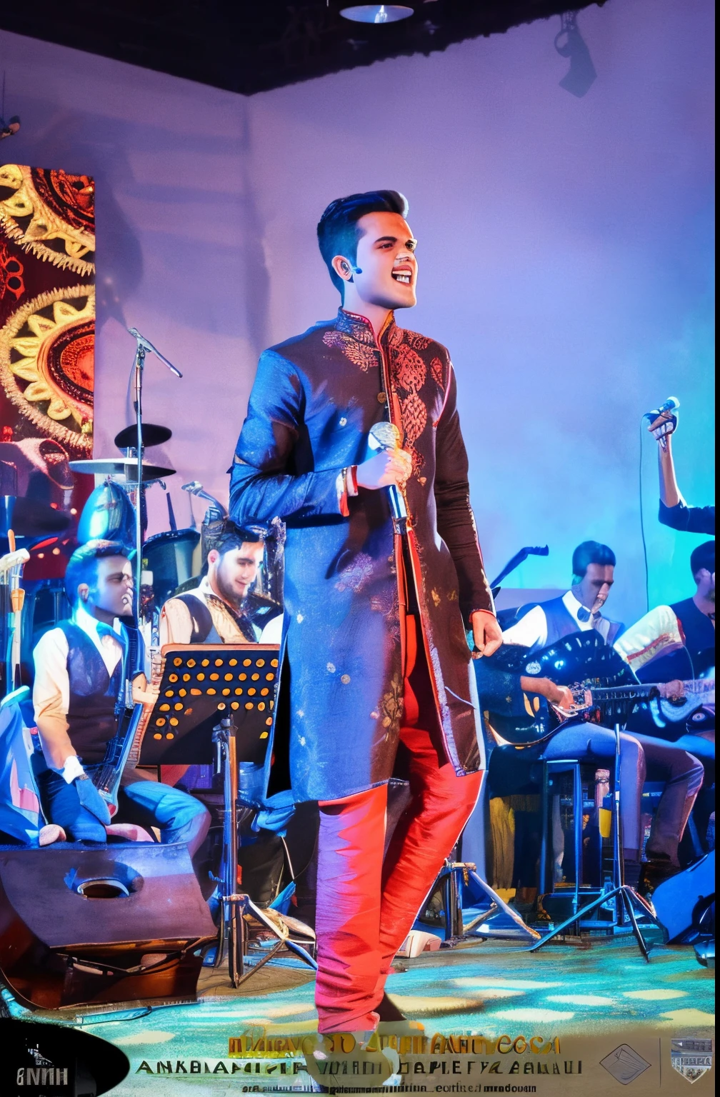 A guy singing in stage,A microphone on right hand,red trouser, long indian kurtha