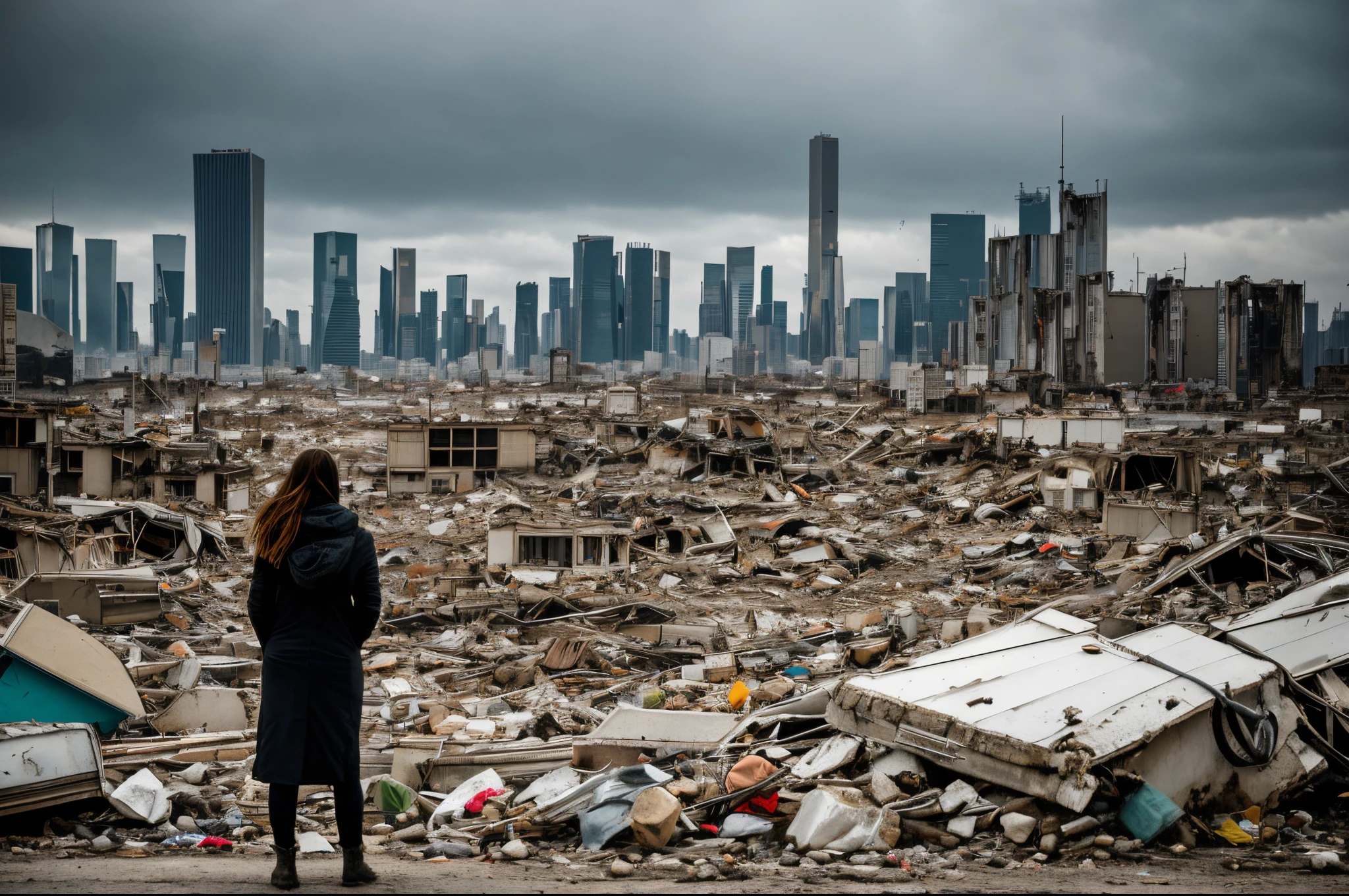 In a city destroyed by the stampede of the giantess, surrounded by building debris and huge footprints, blood stains can be seen everywhere, tiny little people look up, and a girl's pink Nike sneakers in front of them block the way This sneaker is bigger than a building, and the giantess who has stepped on countless villains is standing in the distance in a tracksuit, Despite the chaotic environment, the image has high resolution and high quality, which can be viewed in detail this unique scene