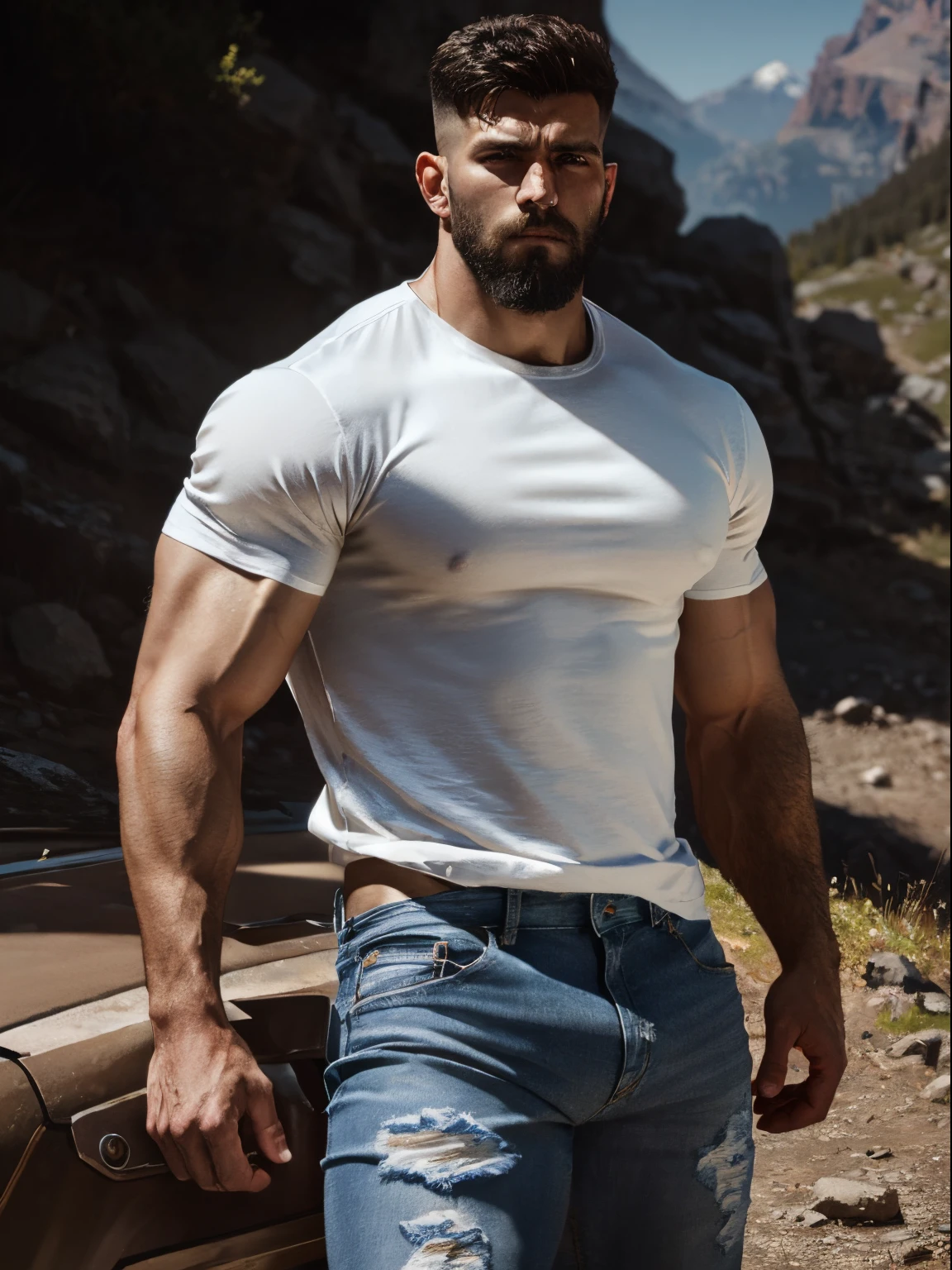 A character portrait [lean Soviet soldier kid, hairy body, alpha male, huge biceps, ripped abs, blue jeans, white tee shirt, sneakers, handsome, sunny mountain road] 4k, high detailed, beautiful, dark age, art by Stanley artgerm, by Daniel f gerhartz, by pino daeni, highly detailed, sharp focus.