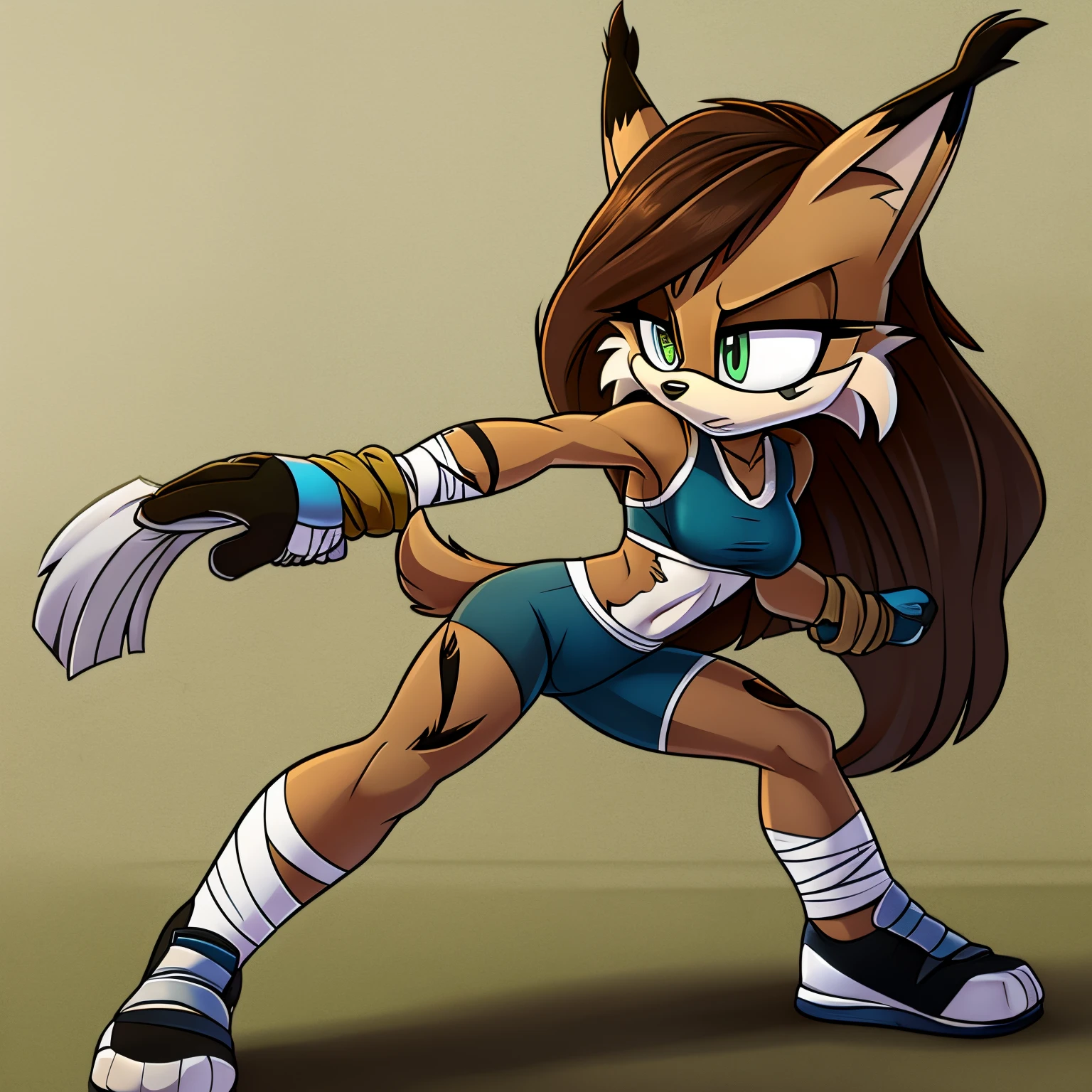Female, Mobian, Lynx, long hair, slightly torn/damaged athletic clothing, bandages wrapped around wrists, fighting stance