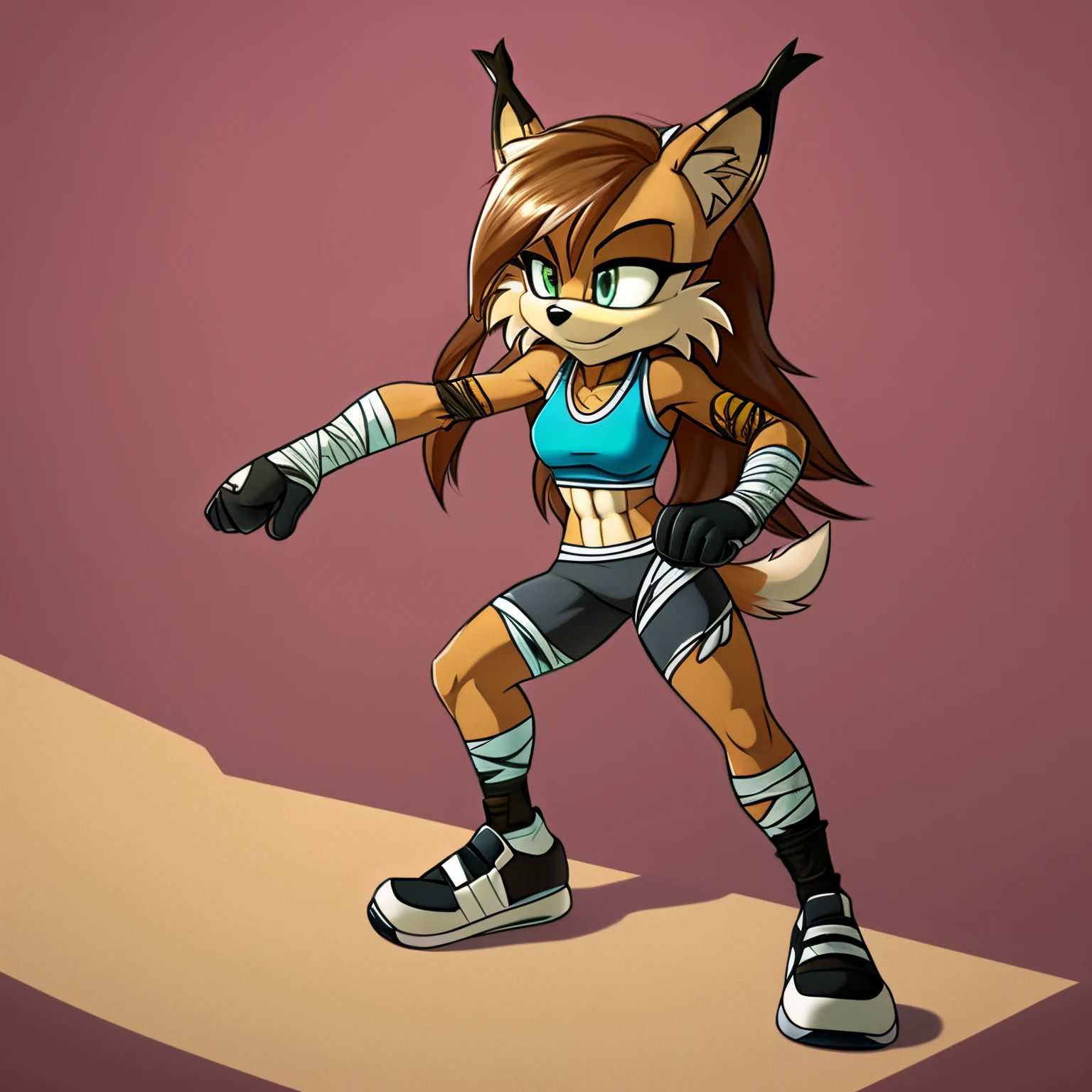 Female, Mobian, Lynx, long hair, slightly torn/damaged athletic clothing, bandages wrapped around wrists, fighting stance