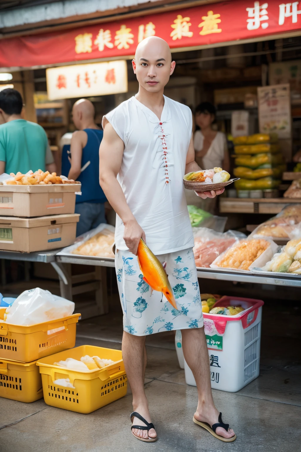 Fruit display In the background, market, market display In the background, vegetable display In the background, very hairy armpits, hairy pubic, hairy crotch, hairy body, In the charming picture there is a handsome Chinese 17 years old boy with his big bulge, muscular body, background in the sky has big bold sun,  His charm radiated as he proudly showed off his sweaty very hairy armpits in a full standing pose.. He wore a white sexy thong, that highlighted his figure, He stood in the middle of the crowded traditional market environment., Bathed in the golden light of a beautiful day. With unparalleled attention to detail., This photorealistic portrait combines the style of National Geographic., Capture every detail of his textured skin in 8k resolution. Leica digital SLR camera. His features were clearly visible., From the deep-set eyes to the chiselled jawline., Make this image a true masterpiece..Lift. (8K UHD、RAW Photography、Photorealistic Portrait Leica Digital SLR、Lifelike images), big bulge in his very thin thong