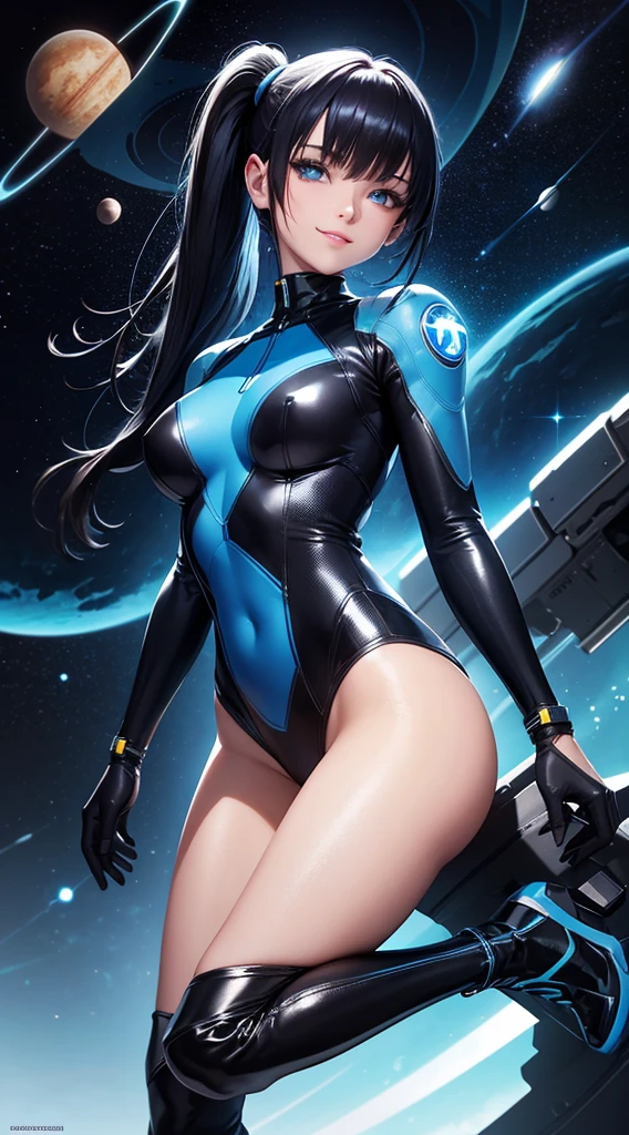 cyber girl in space, blue and black body suit, sci-fi, perfect body, bare legs, dark hair, pony tail, smiling, beautiful eyes, detailed, masterpiece, high res, high quality, planets, stars