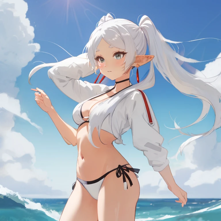 Frieren, twintails, earrings, Bikini, white hair,