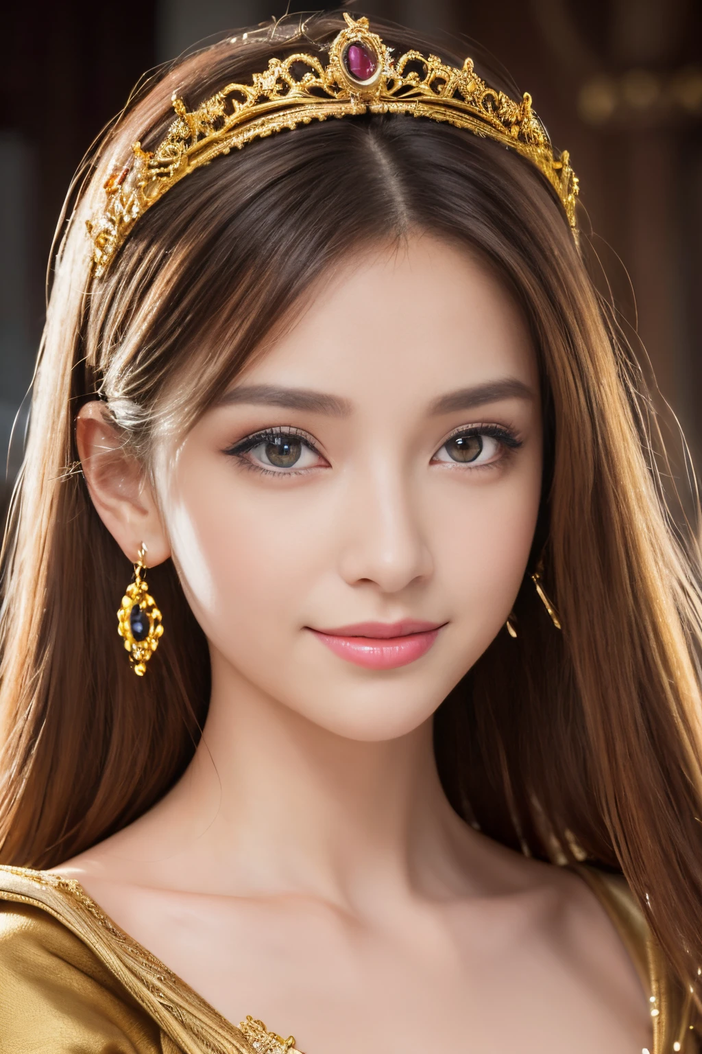 (masterpiece,top-quality,超A high resolution), Medieval European aristocracy、royal princess、masutepiece, Best Quality, Illustration, Ultra-detailed, finely detail, hight resolution, 8K、The face of the golden ratio、dark and bright big eyes、long lashes、eye line、lipgloss、Neat and adorable smile、The upper body is armored