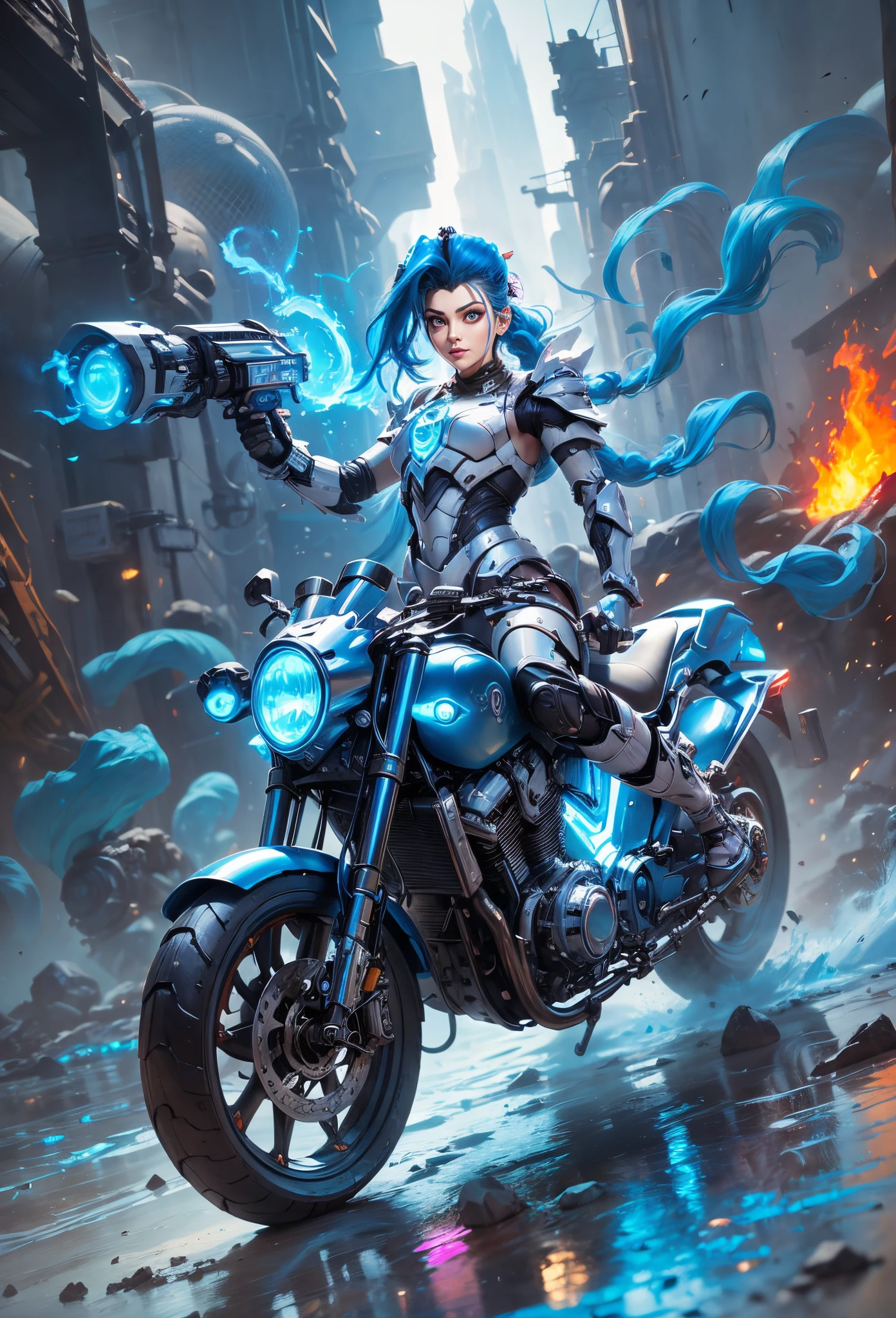 offcial art， Unity 8k壁纸， ultra - detailed， Beautiful and beautiful， tmasterpiece， Best quality， 1.4x more realism，christmas night，1 girl rides a Harley made of futuristic tech vibranium，Blue double ponytail，Laughter，(Wearing blue crystal armor，metalictexture），eyes full of fire，((Futuristic sci-fi revolver in hand))，theelementoffire，Jinx1024, Jinx rides a black futuristic motorcycle，Galloping across the plains，The whole vehicle is composed of elements with the element of fire，riding motorcycles，cyberpunk city landscape，epic graphics, Kim Kroll, gaming character