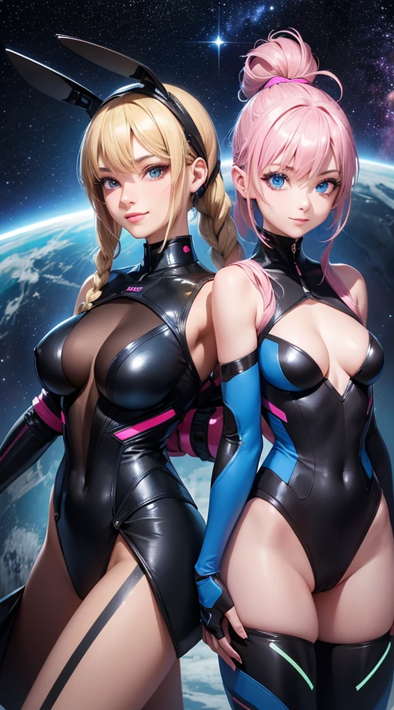 2 cyber girls in space, blue and black body suit, pink and black body suit, sci-fi, perfect body, bare legs, dark hair, blonde hair, pony tail, braided hair, smiling, beautiful eyes, detailed, masterpiece, high res, high quality, planets, stars