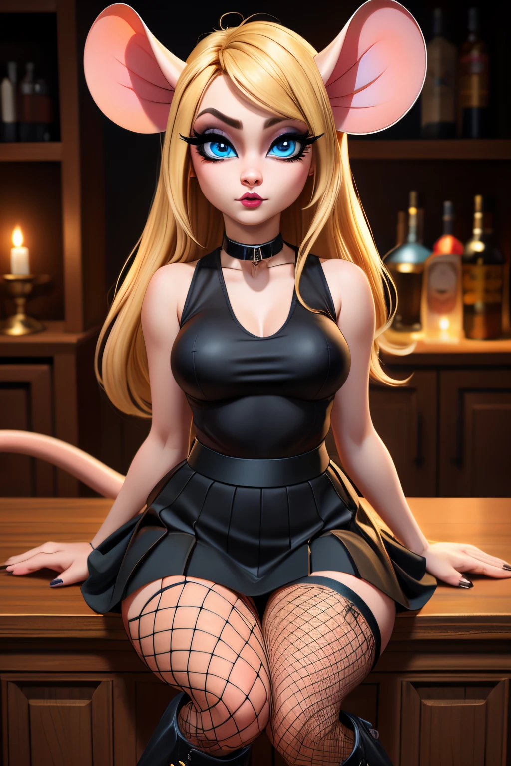 ((ultra quality)), ((tmasterpiece)), Nut, goth, anthropomorphic mouse girl, Furry, ((blonde woman, hairlong)), Beautiful cute face, ((black make-up)), beautiful female lips, charming beauty, ((Kind expression on his face)), seductively looking at the camera, slightly closed eyes, ((Skin color: white)), Body glare, ((there is a mouse tail in the back of the body in the back)), ((detailed beautiful female eyes)), ((big blue eyes)), beautiful female hands, ((perfect female figure)), ideal female body shapes, Beautiful waist, nice feet, big thighs, Beautiful butt, ((Subtle and beautiful)), lies seductively on the table, ((wearing a black skirt, black sleeveless tank with sexy neckline, black choker around the neck, fishnet stockings, large platform boots)) background: gothic dark house, ((Depth of field)), ((high quality clear image)), ((crisp details)), ((higly detailed)), Realistic, Professional Photo Session, ((Clear Focus)), ((cartoon)), the anime, NSFW