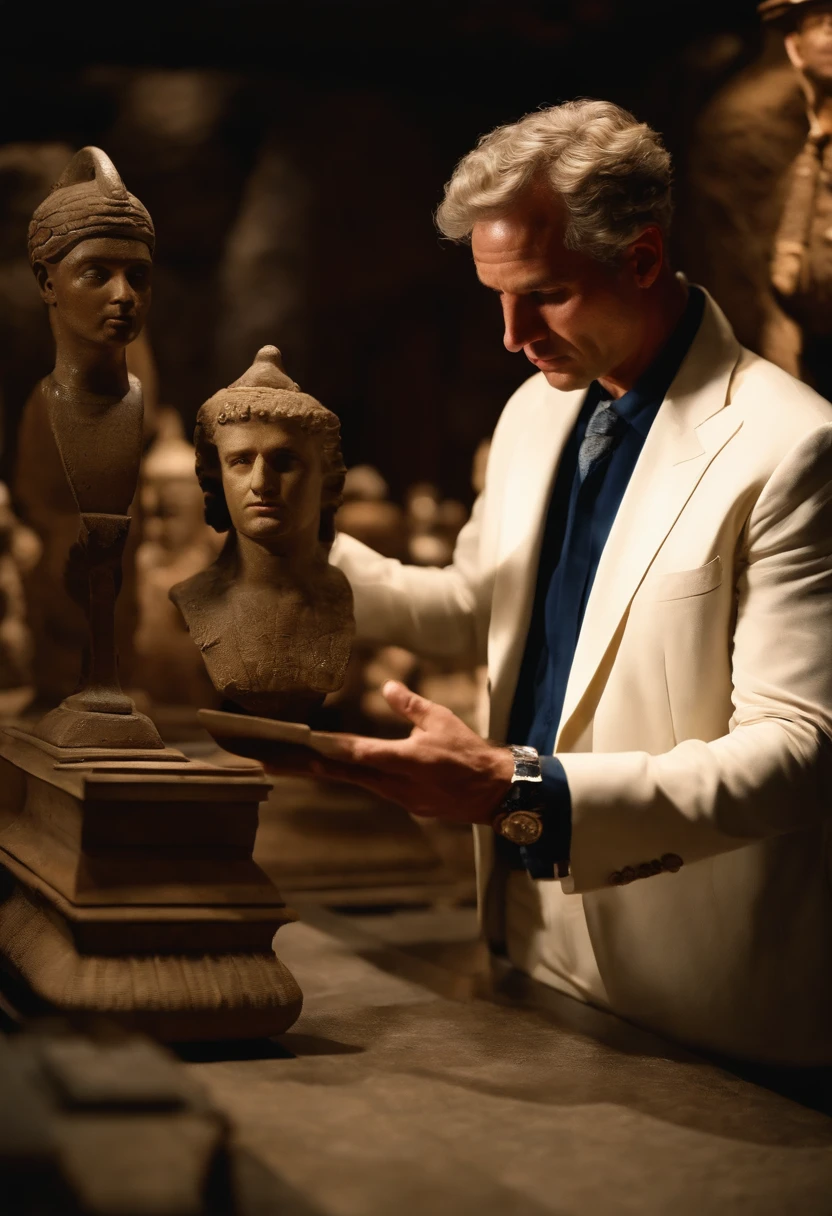 A photo of René examining ancient artifacts in a dimly lit museum,Raiders of the Lost Ark,René is a tall man, with blue eyes, short dark grey curly hair, wears white suits, wears a white fedora, famously portrayed by a young Paul Freeman