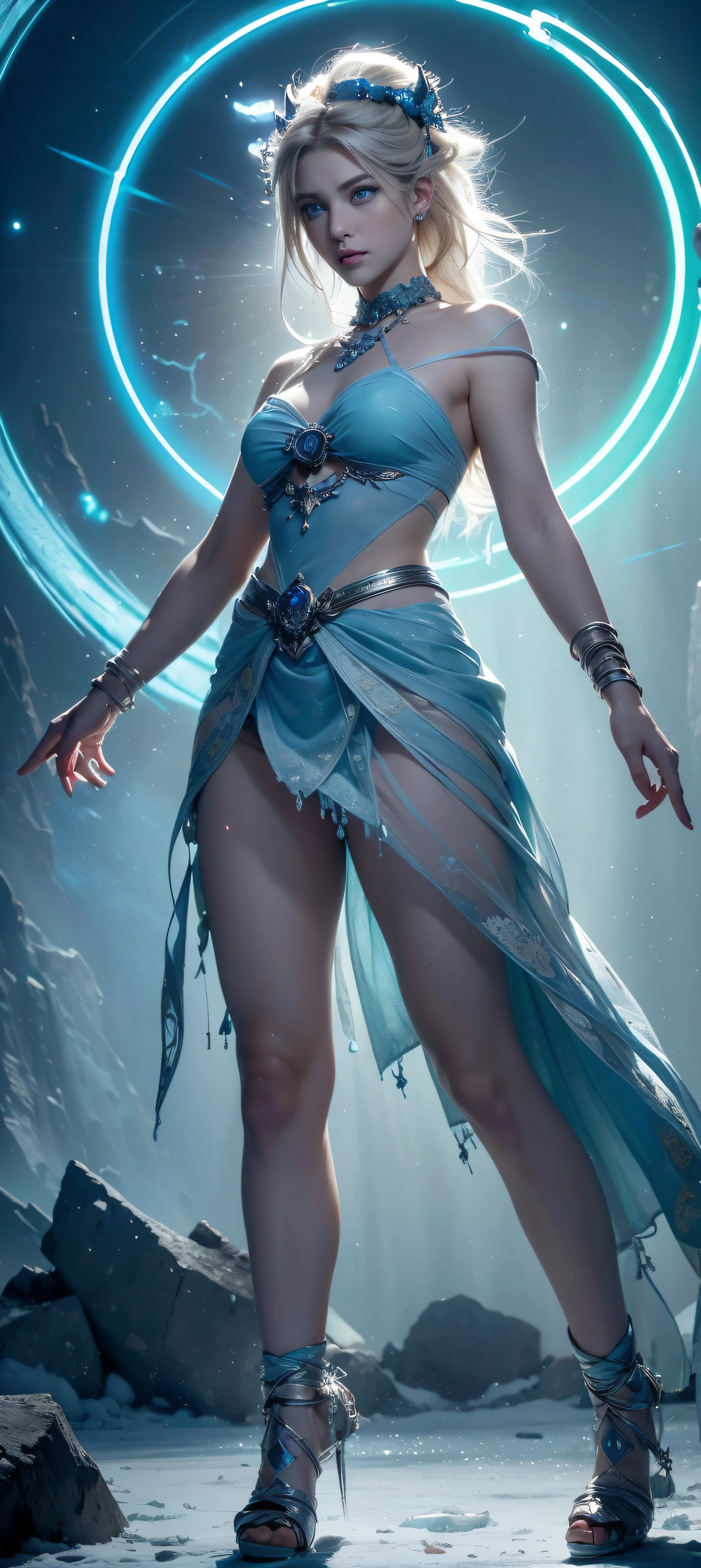 (Numerous award-winning masterpieces, with incredible detail, textures and maximum detail), (hyper realistic:1.4), (realistic:1.3), (best quality real texture skin), (finely detailed true circle Symmetrical eyes), finely detailed face, ((medieval world)), (Full-length portrait:1.5), ((The Lord's Ice Demon)), ((The Lord's Frozen and Extreme Cold Devil)), (full body view:1.5), (burn brightly icy look in the eye), (She has a mischievous smile on her face), (Eyes that glow blue in the dark:1.5), (A pair of Ice-blue eyes with strong blue light emitting from within:1.5), (full-body standing image:1.5), bio luminescence, (Ice and strong wind swirling in the background), (Dramatic Light), (A majestic sight), (Her countenance is gentle and beautiful, but somehow terrifying), Glass earrings on the ears, (dramatic photo:1.4), ((dramatic pose)), (flamboyant photo), (golden hair), (silver hair), (chestnut hair), Short cut hair, ((looks up)), ((looking down)), (Around her neck is a simple necklace of exquisite workmanship), (Bio luminescence with a brilliant glow:1.3), (Use flashy icy magic:1.2), (Swirling ice and snow), The Great Temple of the Devil, The Devil's Grand Shrine, great temple, great cathedral, temple ruins, detached temple, (Luminous magic circle:1.5), Ruins of an ancient castle, Shining majestic cloud masses and sky, lightning bolt, epic realistic, faded, art, (Greg rutkowski:0.8), (teal and orange:0.4), (art station:1.5), cinematic, ((neutral colors)), (hdr:1.5), (muted colors:1.2), hyper detailed, dramatic light, (intricate details:1.1), complex background,