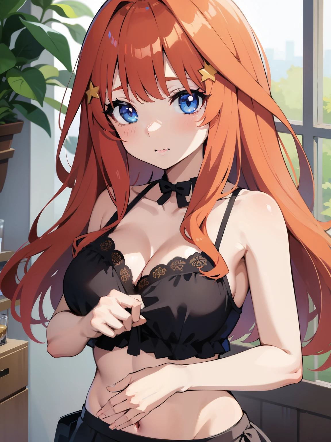 1girl, Anime girl with long hair, anime moe art style, Anime visuals of cute girls, Anime Best Girl, itsuki nakano fanart, pretty anime girl, Smooth Anime CG Art, Seductive Anime Girl, charming anime girls, Cute anime girl, Shining eyes, big boobs, close up, red hair, blue eyes, (portrait), ((clothes lift selfie)), bra, chubby