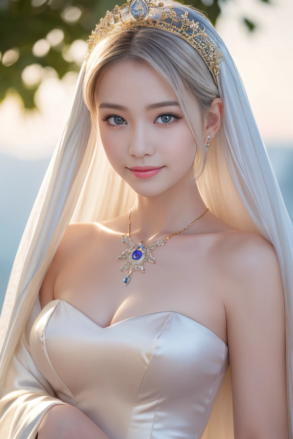 (8K、Raw photography、top-quality、​masterpiece:1.2)、(realisitic、Photorealsitic:1.37)、ultra-detailliert、超A high resolution、1人、(beautifull detailed face、Golden Ratio Face、Balanced eyes、二重まぶた、lipgloss)、Beautiful detailed skin、Skin Texture、Professional Lighting、(Very beautiful girl)、Happy smile、View photographer、Glowing white shiny skin、(Attractive Bright Natural Platinum White Silky Hair 1.5)、eye liner、Medieval European aristocracy、royal princess、doress、