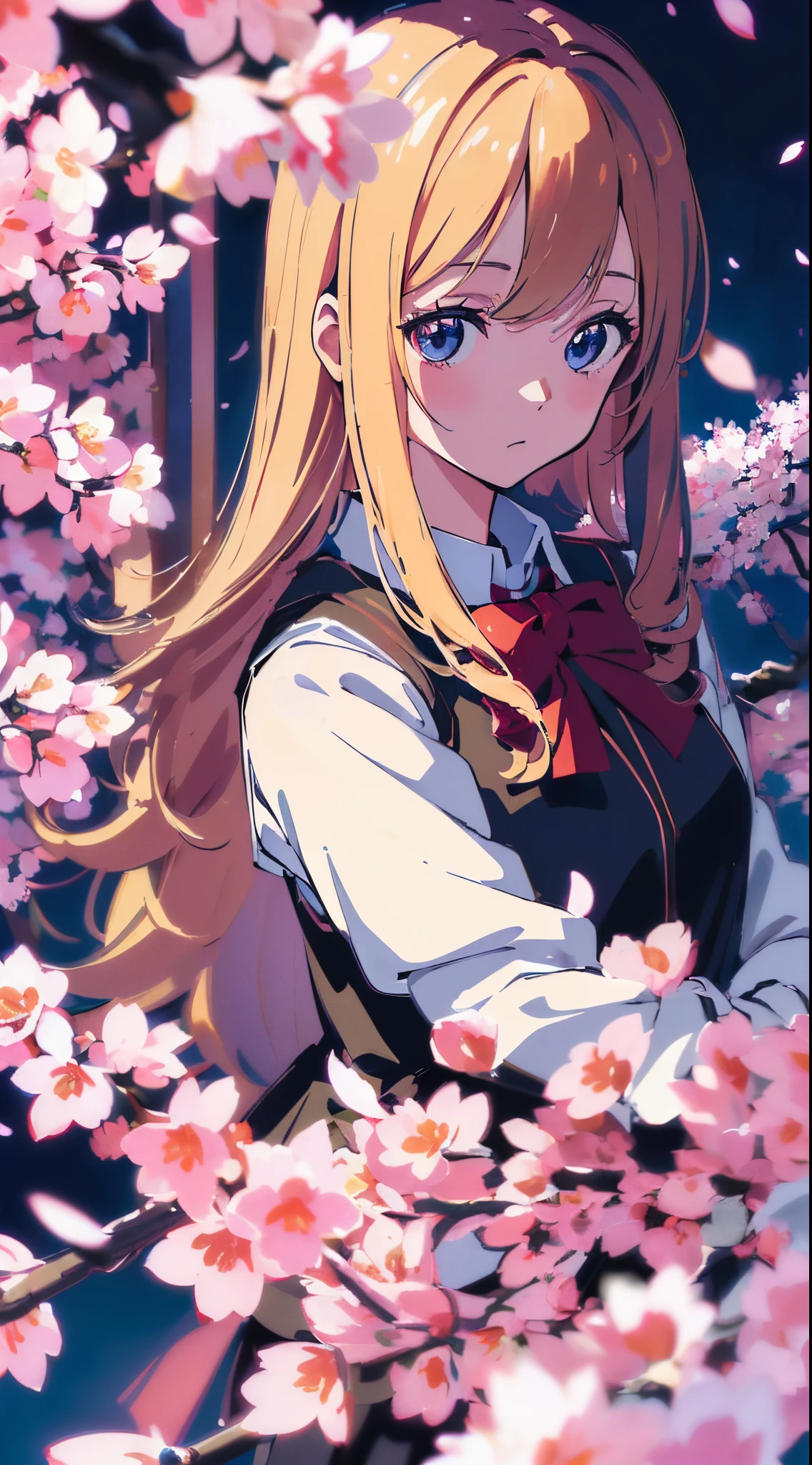 ((masutepiece,ultra-quality, ultra-detailliert)),((Anime)),1gail, Cute face, ((flaxen long hair )), Blue eyes,((Beautiful detailed eyes)),School uniform((ultra-quality)), Cherry blossoms at night ,Beautiful detailed glow,Ultras,8K,
(chromatic abberation:1.3)