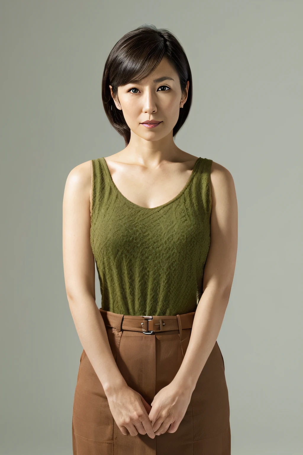 Pale solid color background,japanese mature, 30-years old, governess, Slim figure, 独奏, He stands in the center of the screen and looks straight ahead with a serious expression with his mouth and eyes closed., Tank tops, skirt by the, Composition from knees to top of head, hight resolution, high-level image quality, high detailing, Textured skin, tre anatomically correct, sharp,