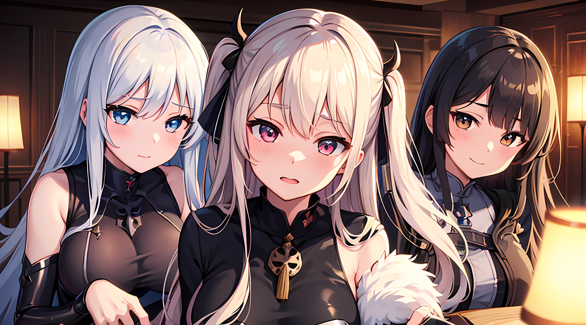 four anime girls in armor are posing for a picture in living room, blushed face, beautiful eyes finely detailed, face to detail, normal breast, closed clothing, close up anime illustration, a picture by Shitao, background is medieval castle room pixiv, auto-destructive art, mika kurai demon, azur lane style, demon anime girl, kantai collection style, anime girls, devil smile