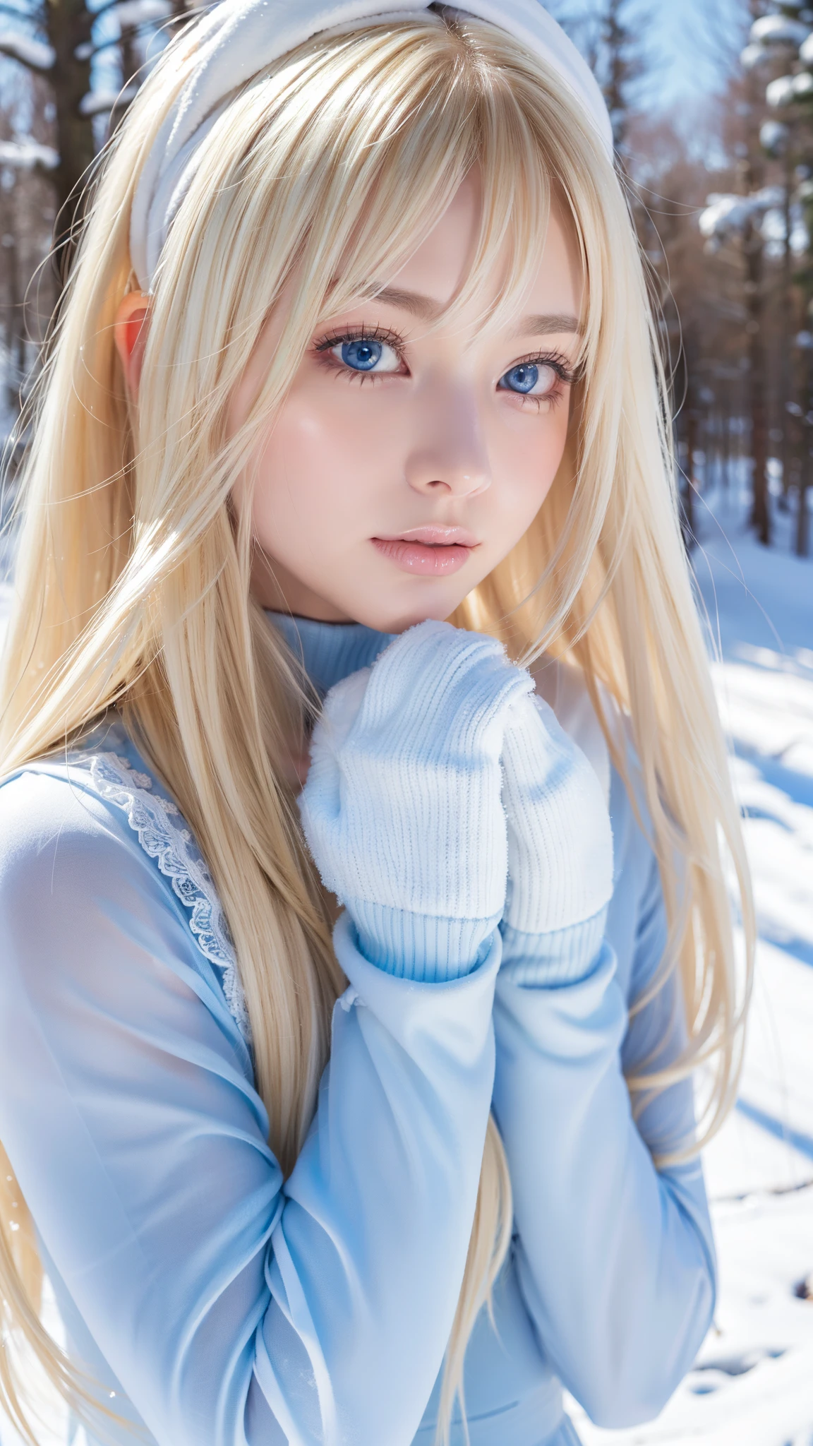 Solo, very beautiful nordic girl、shiny bright blonde hair, Beautiful super long straight dazzling blonde hair fluttering in the strong wind,Long bangs between the eyes obstruct vision、 The very large eyes are a bright pale sky blue..., Detailed face, White beautiful skin、Gloss Face、cheek gloss highlight、mittens, White headscarf, Full body, snowy forest, Attractive areas, (nose blush, Heavy breathing:1.1), (broody:1.4)