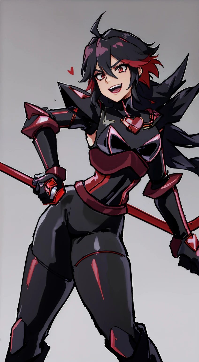 (Best quality, 4k, 8k, Ultra HD, high resolution, masterpiece), Ryuko Matoi as Mettaton, full spandex/latex attire (reds and blacks), neon lights, flawless makeup, happy singing pose, fierce expression, long hair, simple greyscale background, sleek design, captivating stage presence, captivating red lipstick, confident stance, fashion model, anime glasses, anime tinted red shades, black latex pants, black latex corset, holding a large stage microphone, performance microphone, black microphone, singing stance, extremely tight corset, red bow tie around neck, medium nougat-skin color, heart-shaped silver belt buckle, thick armored metal belt, heart on armored red chestplate, bobcut black hair, dark brown black hair, heavily armored black cuirass, chest encased in armor, black turtleneck armored, wide hips, black hair, thick flowing dark brown hair,black undersuit, white mascot gloves, cuffed white gloves, very long black hair with red accents, long flowing hair, white gloves, white evening gloves