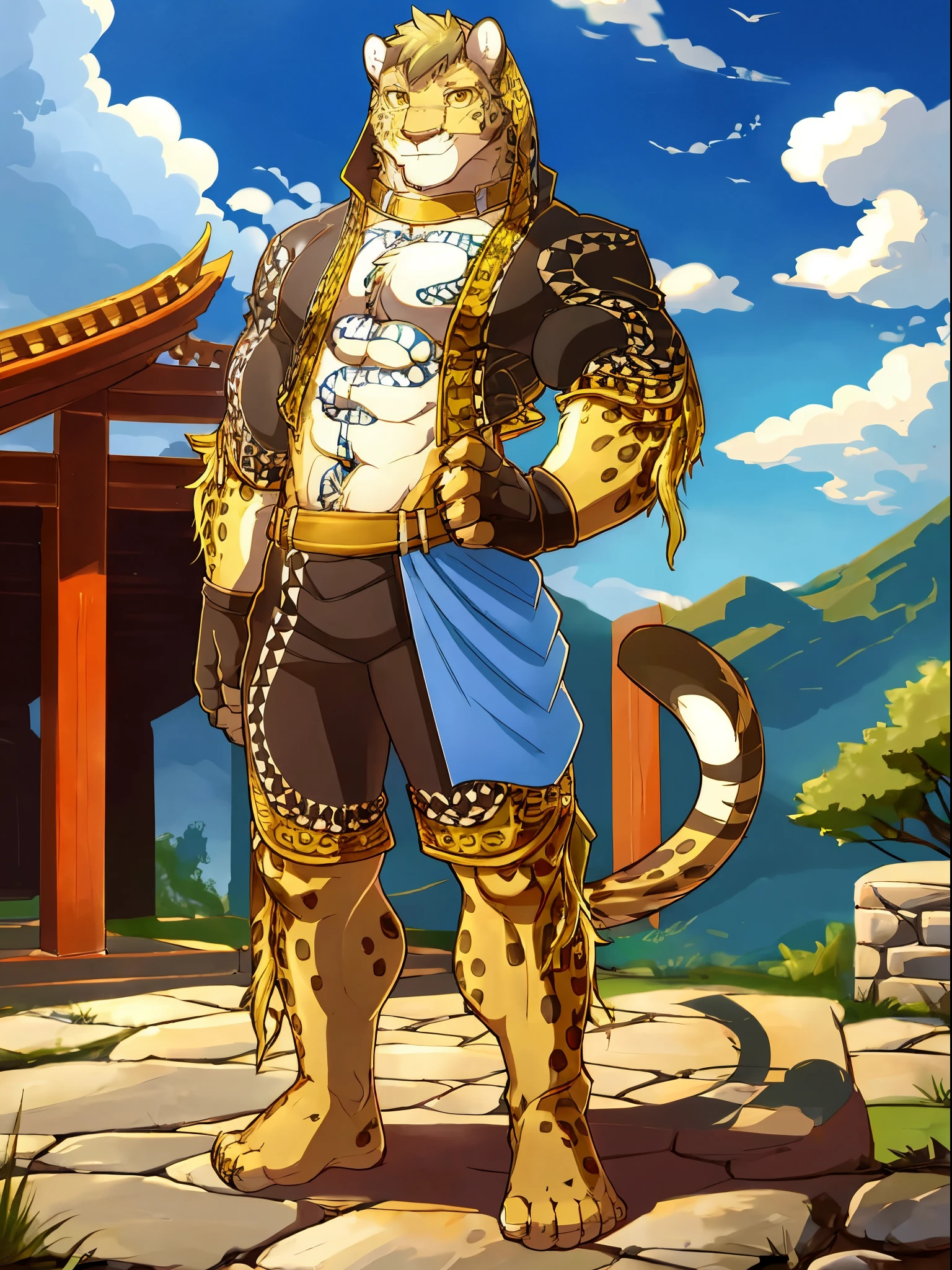 concept art, anthro leopard, leopard man, male, furry, traditional clothing, muscle, yellow eyes, ancient Chinese style, divine, countryside, handsome, masterpiece, hi-res, 8k, detailed scene, detailed background, best quality