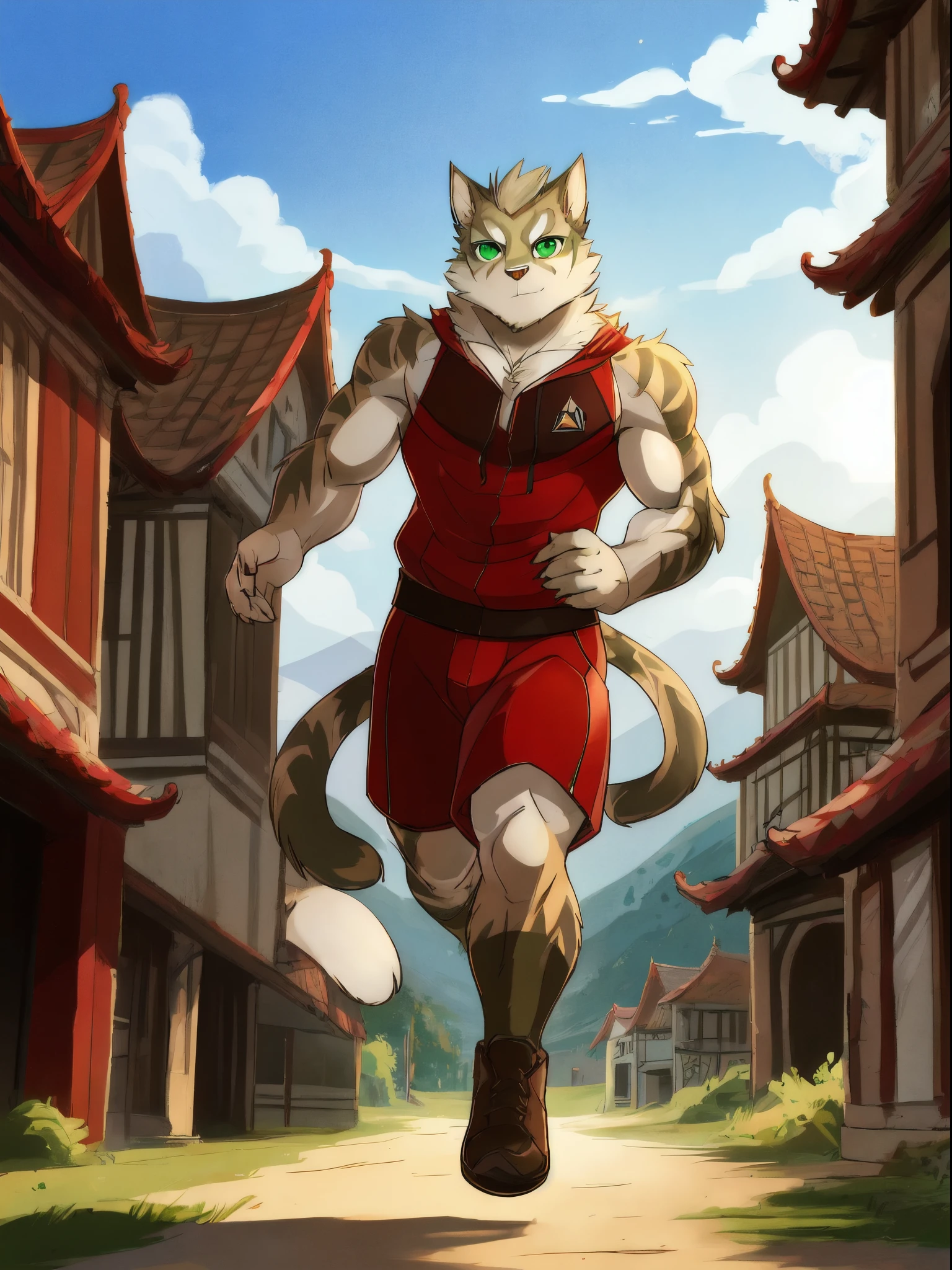 concept art, anthro cat, cat man, male, furry, traditional clothing, muscle, green eyes, ancient Chinese style, divine light, superpower, floating, countryside, handsome, masterpiece, hi-res, 8k, detailed scene, detailed background, best quality