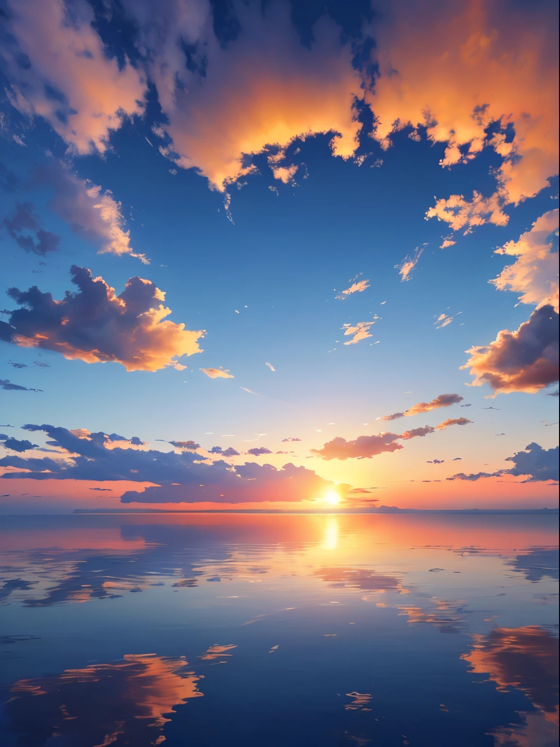 sunrise seen from the sea , ​masterpiece, top-quality, (extremely detailed CG unified 8k wallpaper) (top-quality), (The best illustrations), (best shade)、Super Meticulous, blue-sky、Variety of clouds、Wonderfully beautiful、nostalgic、Reflection of the Sun、Natural colors、Scenic、Summer sky、Make blue the basis