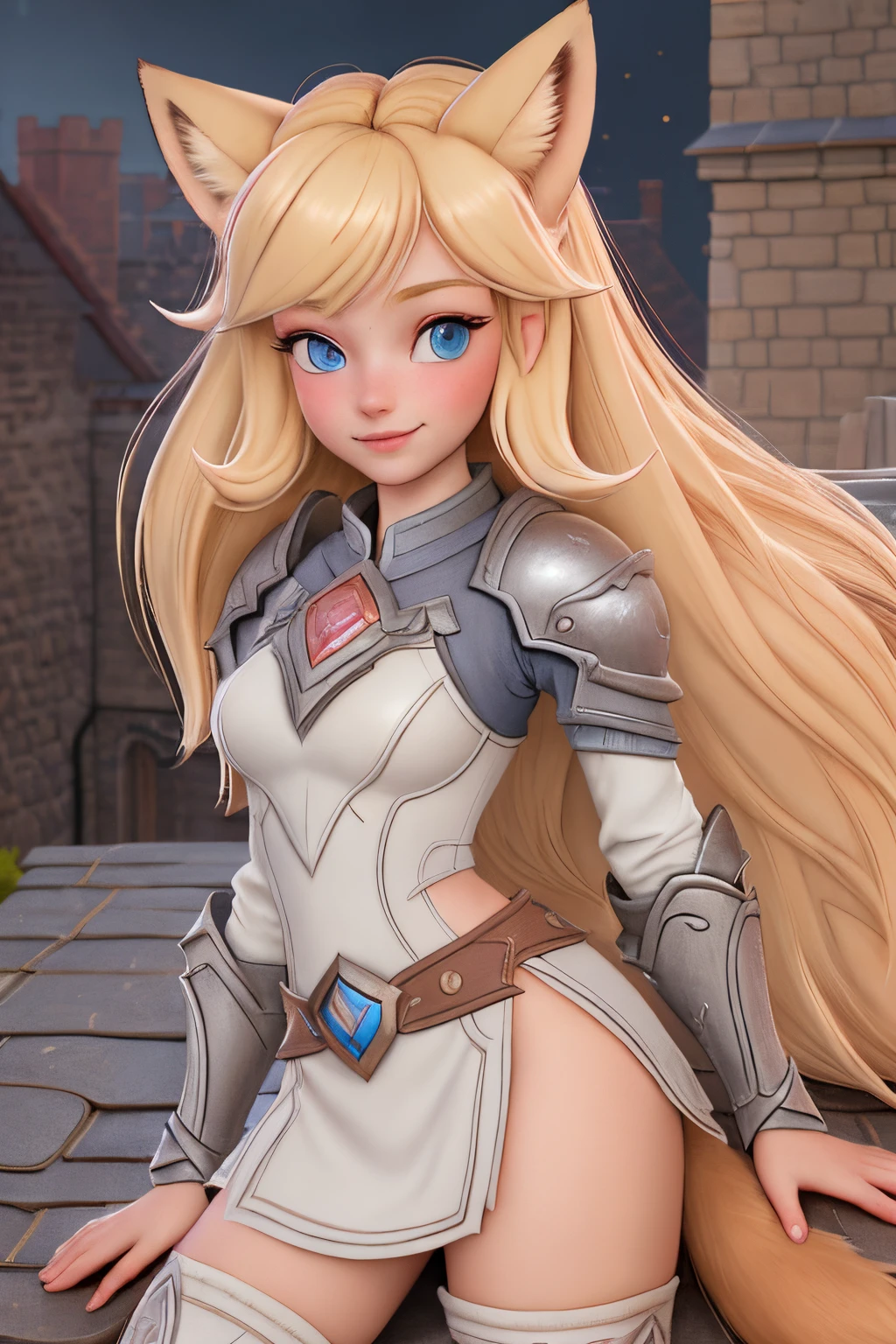 close up 1girl in, teenager, Solo, Aesthetic artwork, blond, straight blonde hair, super long blonde hair, light blue eyes,  some small freckles, pale skin, medium breasts, cleavage, runners body, (thin hips, thin waist: 1.25), (arched back:1.12), detailed skin, neutral face, shy smile, (kneeling: 1.25), revealing clothes, wearing leather Warcraft armor, World of Warcraft for the alliance, Janea Proudmore, (dirty blond fox ear:1.25), (detailed Castle roof background:1.1), rooftop, overlooking medieval city, 24mm, 4k textures, soft cinematic light, RAW intricate, elegant, highly detailed, sharp focus, ((((cinematic look)))), soothing tones, insane details, intricate details, hyperdetailed, low contrast, soft cinematic light, dim colors, exposure blend, hdr, faded