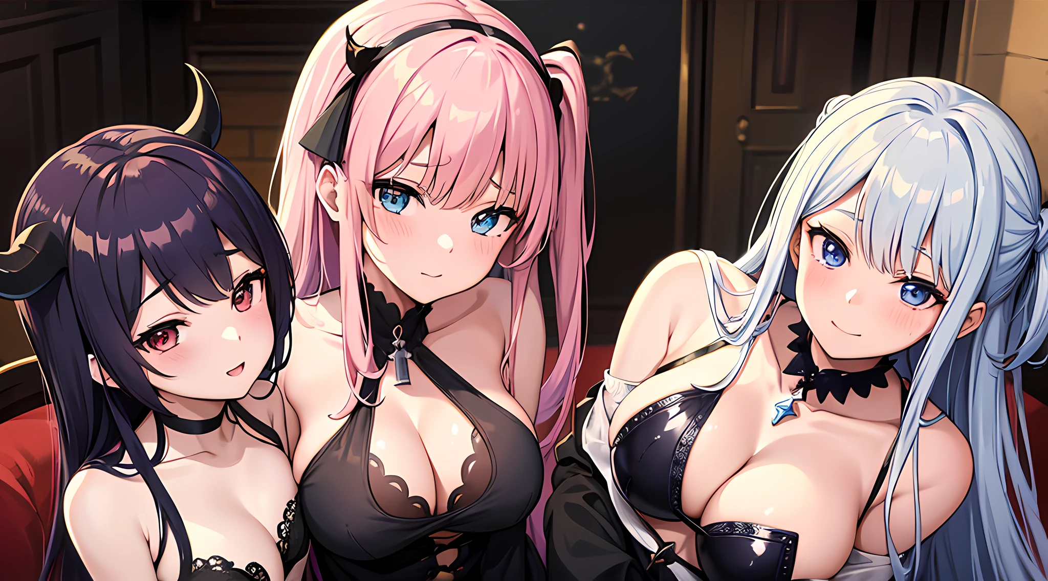 four anime witch girls are posing for a picture in living room, blushed face, beautiful eyes finely detailed, face to detail, normal breast, closed clothing, close up anime illustration, a picture by Shitao, background is medieval castle room pixiv, auto-destructive art, mika kurai demon, azur lane style, demon anime girl, kantai collection style, anime girls, devil smile