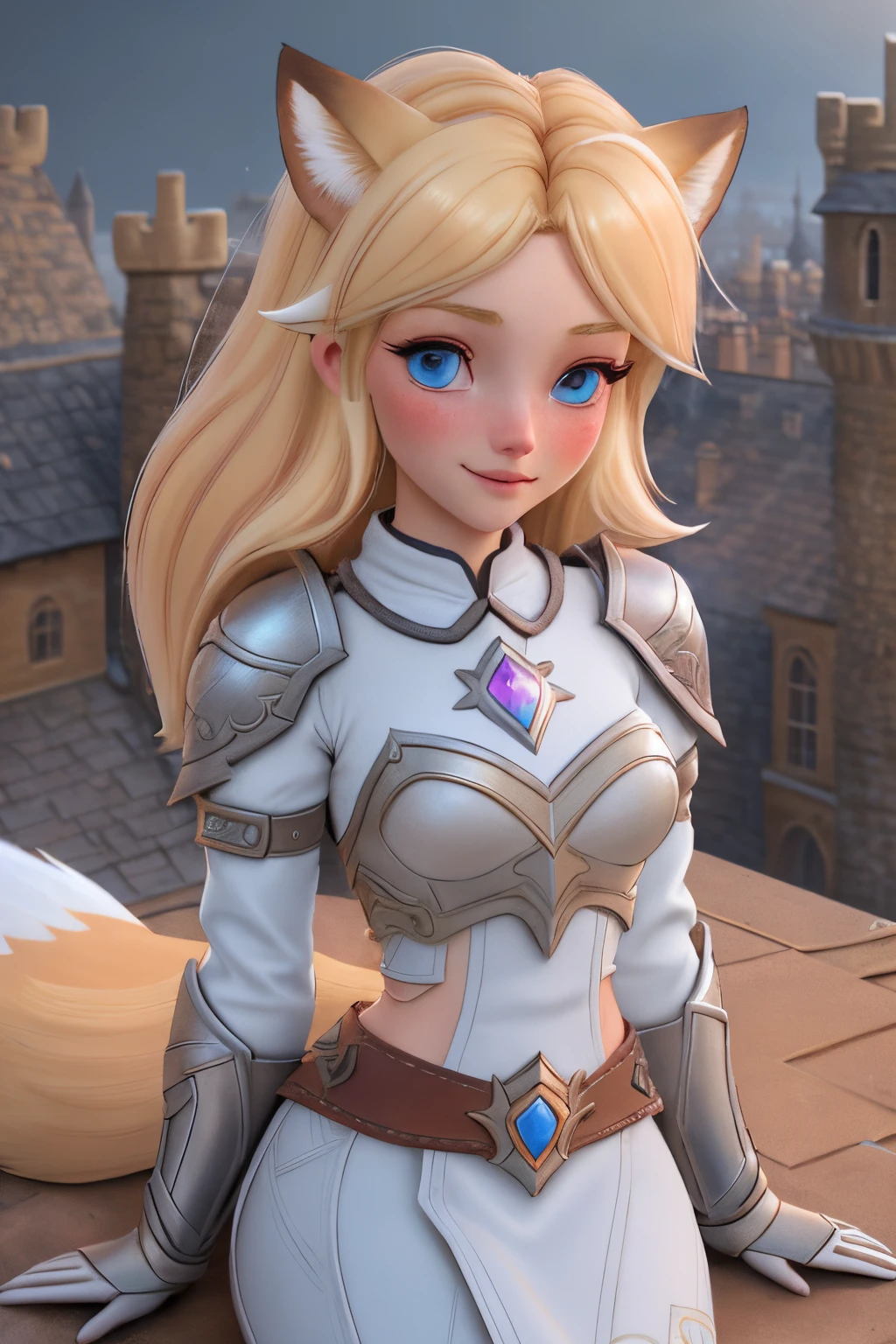close up 1girl in, teenager, Solo, Aesthetic artwork, blond, straight blonde hair, super long blonde hair, light blue eyes, some small freckles, pale skin, medium breasts, runners body, (thin hips, thin waist: 1.25), (arched back:1.12), detailed skin, neutral face, shy smile, (laying down: 1.25), wearing leather Warcraft armor, World of Warcraft for the alliance, Janea Proudmore, (dirty blond fox ear:1.25), (detailed Castle roof background:1.1), rooftop, overlooking medieval city, 24mm, 4k textures, soft cinematic light, RAW intricate, elegant, highly detailed, sharp focus, ((((cinematic look)))), soothing tones, insane details, intricate details, hyperdetailed, low contrast, soft cinematic light, dim colors, exposure blend, hdr, faded