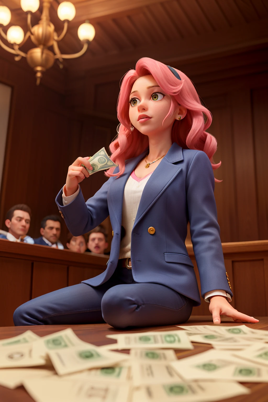((La mejor calidad)), ((Obra maestra)), (Detallado), Cara perfecta,singer Shakira, formal jacket, pink suit, sitting in a courtroom, Colombian flag, wavy hair, view from below, raining money, close-up, highest quality, 8k