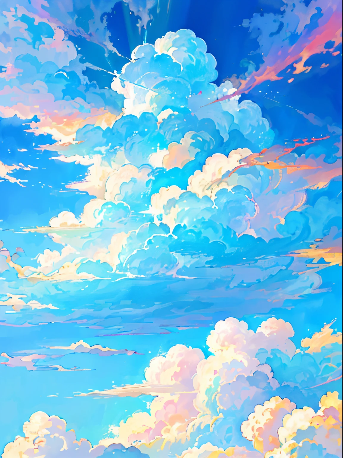 pale color, Dragon Cloud , ​masterpiece, top-quality, (extremely detailed CG unified 8k wallpaper) (top-quality), (The best illustrations), (best shade)、Super Meticulous, blue-sky、various rainbow clouds、Wonderfully beautiful、nostalgic、Looking up at the sky、Reflection of the Sun、Natural colors、mare、Scenic、Summer sky、Make blue the basis