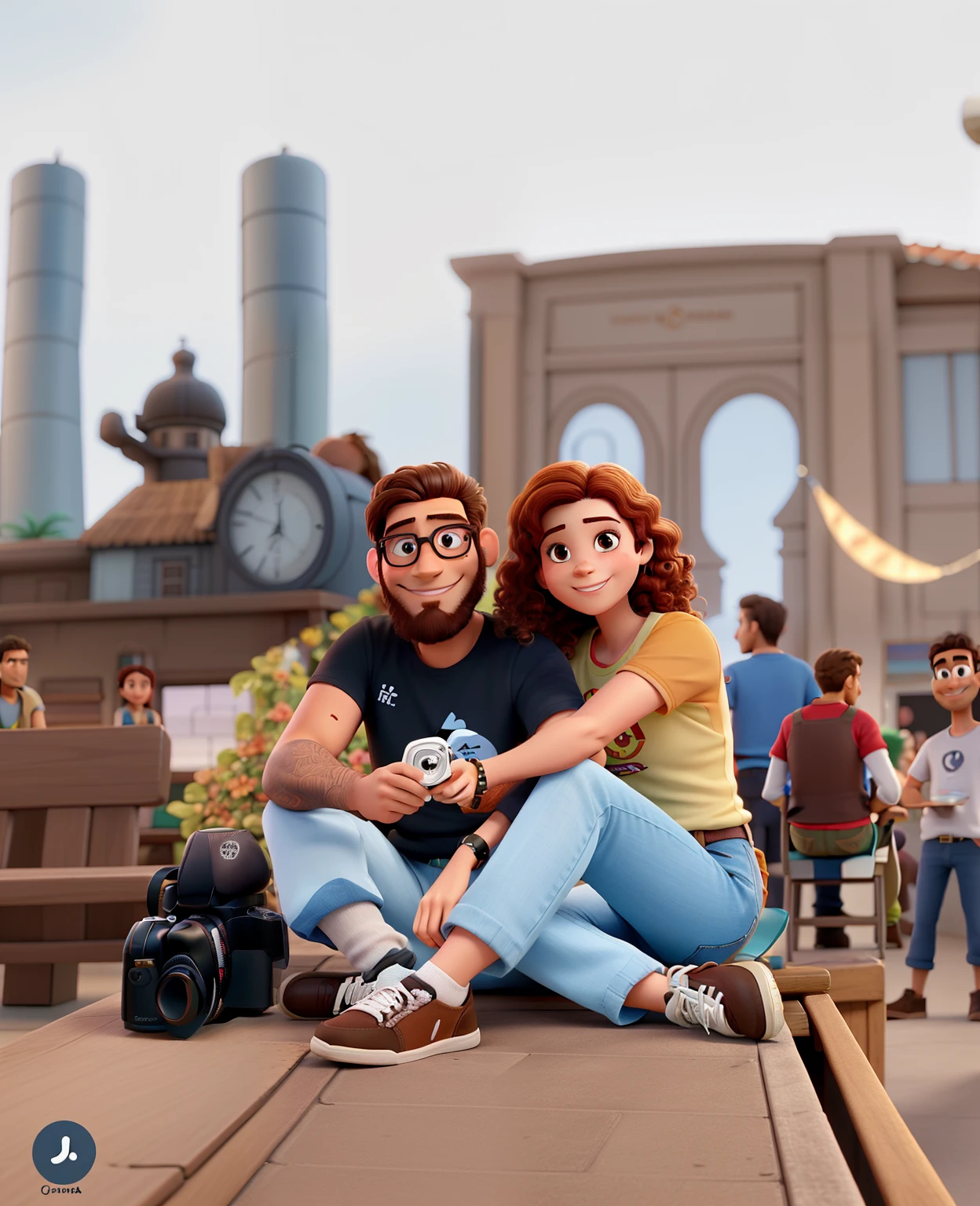 Crie pra mim um homem de cabelo curto da cor preta que possue uma barba ruiva, who is sitting holding a camera hugging a girl who is sitting with him, She has medium length light brown curly hair., He is wearing glasses above his head and is smiling along with the man sitting looking at the photo, crie a imagem no universo Disney pixar de boa qualidade