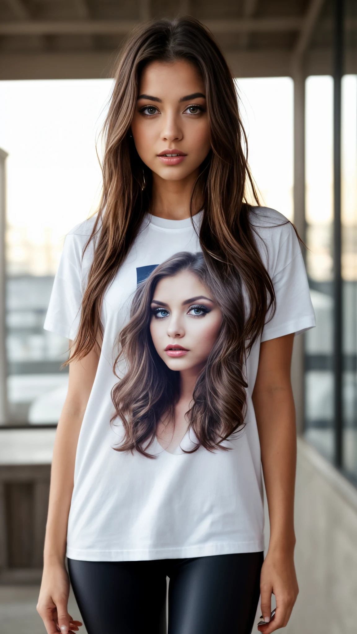 (better quality) 1girl, DinaTLOU2, alone, looking at the Viewer, close-up of thighs, long hairstyle, t-shirt, leggings, big eyes, detailed lips, realistic
