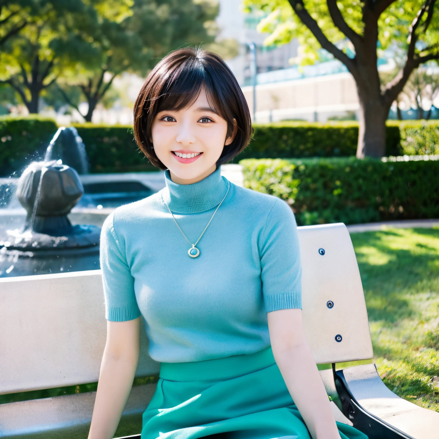 Light blue turtle neck sweater、Green skirt、Sitting on a park bench、fountain in the back,Big eyes、A Japanese Lady、a smile、Short cut Hair、a neckless、milky skin, Japanese woman,40s