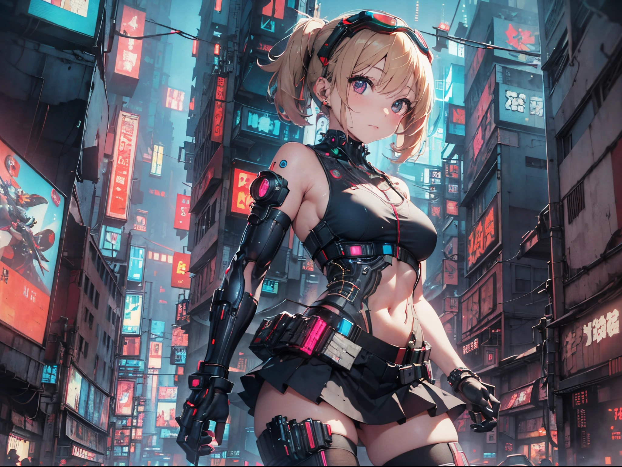 (Best Picture Quality, 4K, High Quality, Masterpiece:1.2), ((Masterpiece)), High Detail, High Quality, (HDR,16k, RAW Beautiful Girl Portrait, Best Picture Quality, Masterpiece:1.2), (Ultra-Definition Illustration), (cyberpunk:1.7), city, extremely cute girl, blond short hair, pig tail hair, innocent look, slender body, small breast, (detailed white & blue cyber gear), (mechanical wear), tight short skirt, wearing cyber goggles, armed, sleeveless, detaced sleeve, pantyhose, arms behind head, seducing,