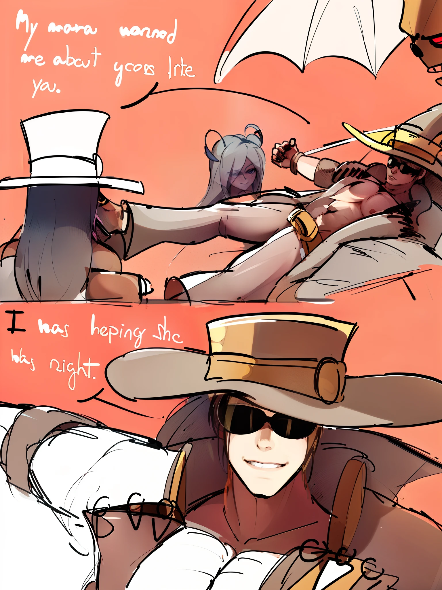 sketches of a man in a hat and sunglasses sitting in a car, of a ramlethal valentine, guilty gear art style, from overwatch, by Shingei, from league of legends, tipping his fedora, heavy shading, overwatch style, widowmaker's former lover, jjba, comic art ”, squinting at high noon, high quality fanart, ashe, tf 2
