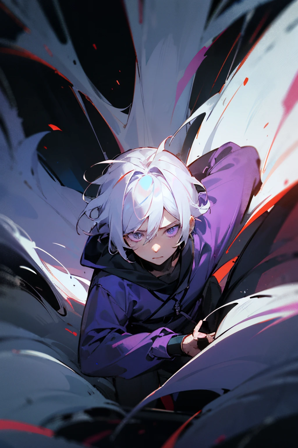 An anime boy with white hair and purple eyes struggling with (severe) stress and anxiety in a dark atmosphere