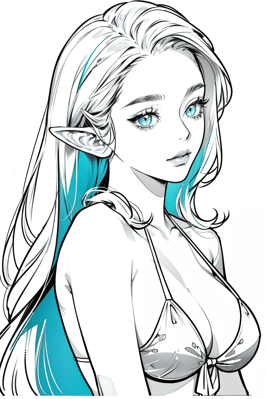 best quality, high resolution, clean background, high contrast, 1 girl, close-up of the head, white background, clean line drawings, vibrant colors, simple dress, sexy vibe, big breasts, elf , long hair, hair beak, bikini,