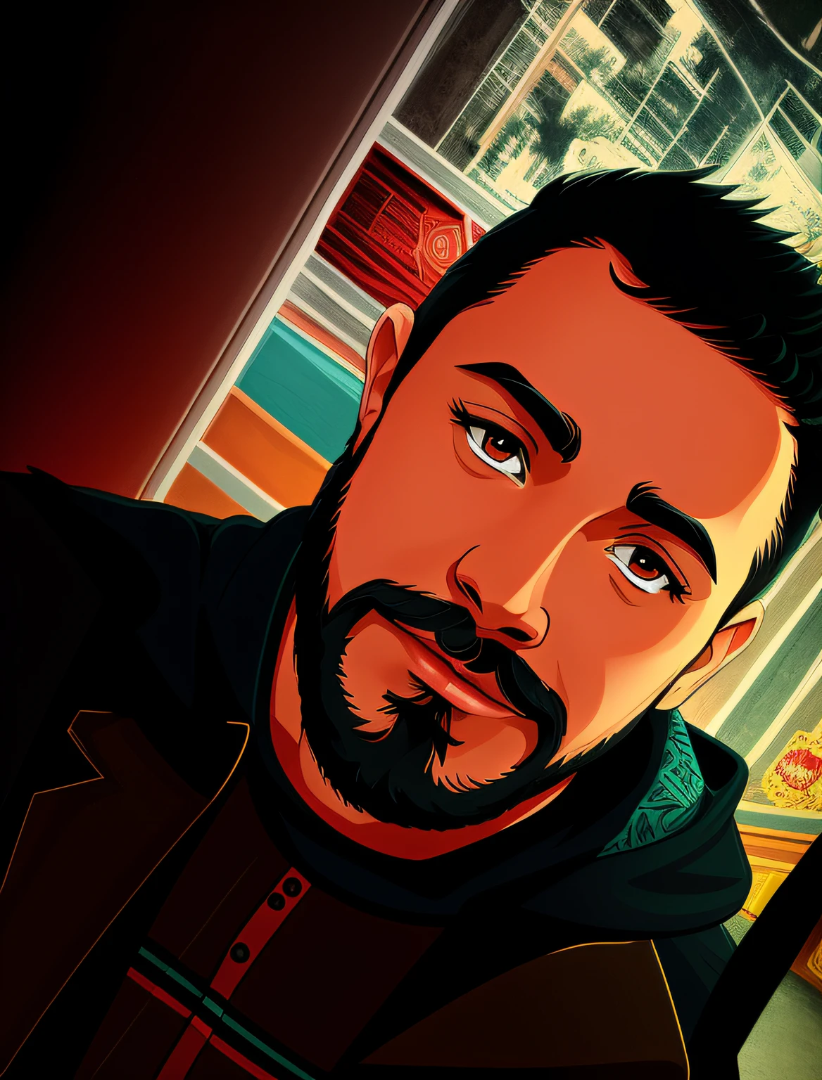 tem um homem com barba e casaco preto, cerca de 34 anos, anime black and white realistic animation style