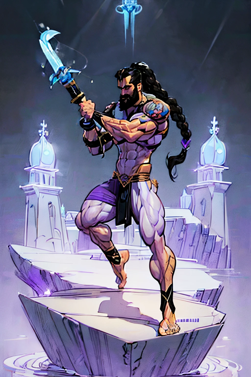 ((Action pose:1.5)), a painting of a (((muscular))) man with an axe, large body of water surrounds man, The God Poseidon, ((thick muscular thighs)), The God of the Sea, brown loincloth, golden crown, The God Hades, Poseidon, Charon, colored lavender skin, colored skin, ((light lavender skin:1.4)),((light lavender face)), ((light lavender feet)), ((lavender arms)), The Boatman of Hades, God of the Ocean, God of the Underworld, Hades, God Shiva the Destroyer, Furious God Zeus, Like an Atlantean, ((black hair)), veiny biceps, chiseled abs, muscular legs, rugged face, long hair in ponytail, masterpiece, 8k