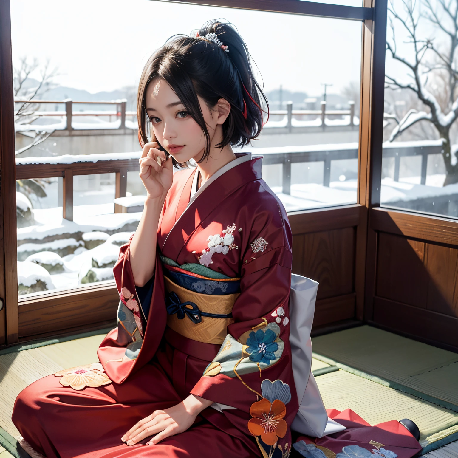 Background of details(Outside the window is the snowy city of Kyoto),BREAK ,elaborate costume(Luxurious Japan kimono(Colorful kimono(detailed embroidery))),BREAK,(1 Beautiful and classy adult woman(Shy smile:1.2)(Japanese actressl:1.2)(A dark-haired:1.2(short-hair:1.2)(inner colored(reddish)))),(eye glass:1.2),(eating zaru soba),BREAK,Wallpapers 16K,Blur the background,)(masutepiece,Best Quality,Portrait photos):1.5),full body Esbian