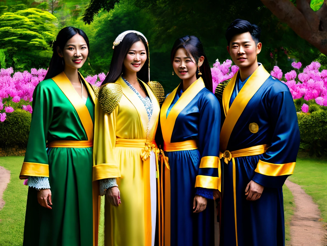 Everyone flew in the air to admire the many castles below. Full-length shot full body handsome thaiman hyper-detailed, hyper-quality, hyper-realistic Full-body photography Thai angels are very handsome. 3 people dressed in white, yellow, green, translucent angel costumes, brightly lit. A long robe decorated with yellow-green gems. Three quarter pants shine There are big cart wheels. Decorated with multi-colored gems There are hundreds of servants. The servants dressed more elegantly than the master. There is a forest of golden leaf trees. Multi-colored nectar flowers