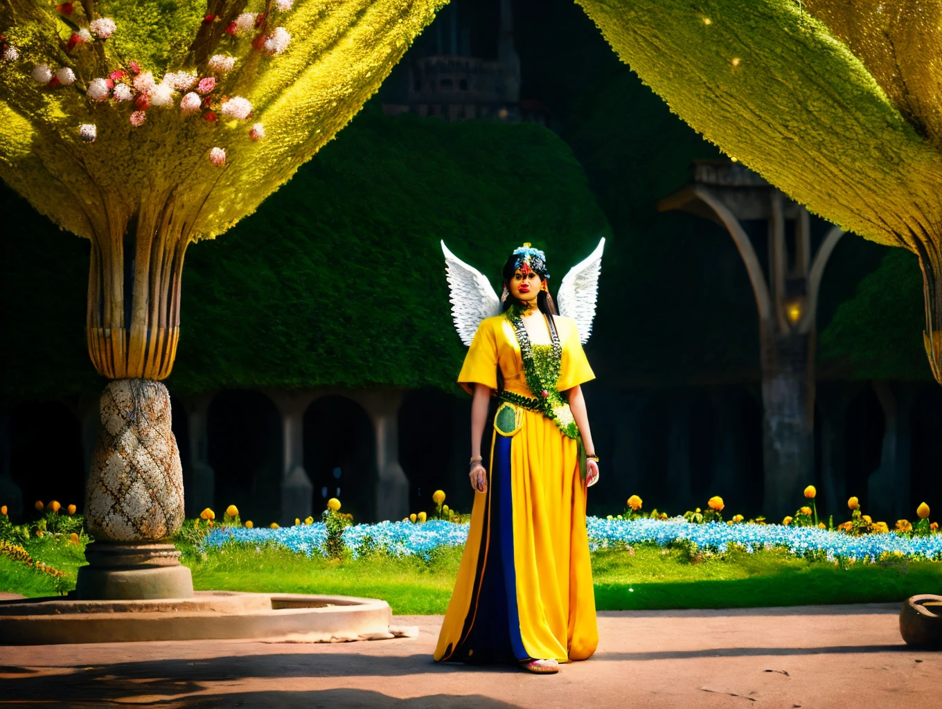Everyone flew in the air to admire the many castles below. Full-length shot full body handsome thaiman hyper-detailed, hyper-quality, hyper-realistic Full-body photography Thai angels are very handsome. 3 people dressed in white, yellow, green, translucent angel costumes, brightly lit. A long robe decorated with yellow-green gems. Three quarter pants shine There are big cart wheels. Decorated with multi-colored gems There are hundreds of servants. The servants dressed more elegantly than the master. There is a forest of golden leaf trees. Multi-colored nectar flowers