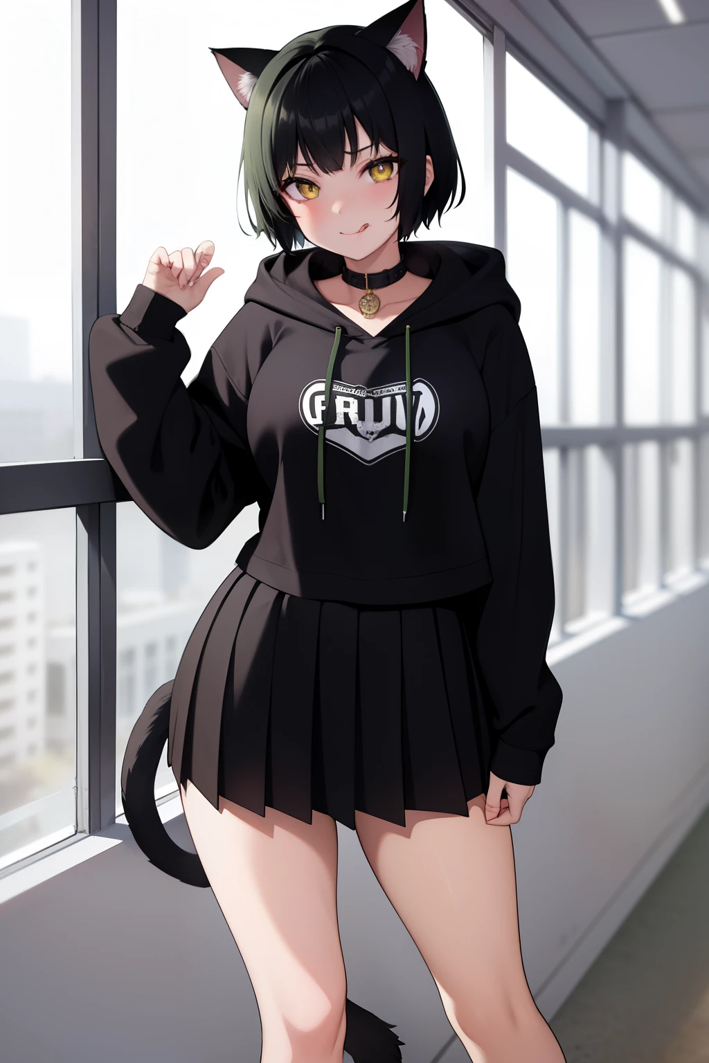 Cute girl, dark green hair, yellow eyes, short hair, cat ears, cat tail, cat collar, sexy ,beautiful eyes,Cute pause, full body,Draw hands better, dark green hair, beautiful smile,, draw the hand well, Lifting her ass, Tongue outside the mouth, bad girl,going to school,school, School clothes, Skirt + hoodie, High quality drawing