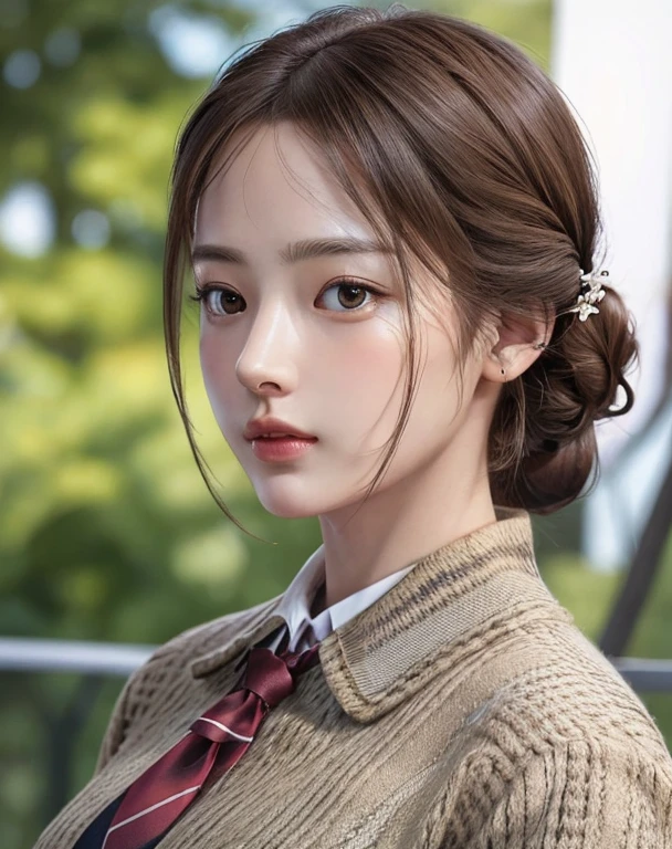 Photorealistic, masutepiece, Best Quality, Raw photo, 1girl in, Solo, Long hair, Brown hair, half updo, Detailed face, alluring face, Collared shirt, medium breasts, Dynamic Pose, Looking at Viewer, From below, Detailed background, fine detailed, intricate detailes, Ray tracing, depth of fields, lowkey, nffsw